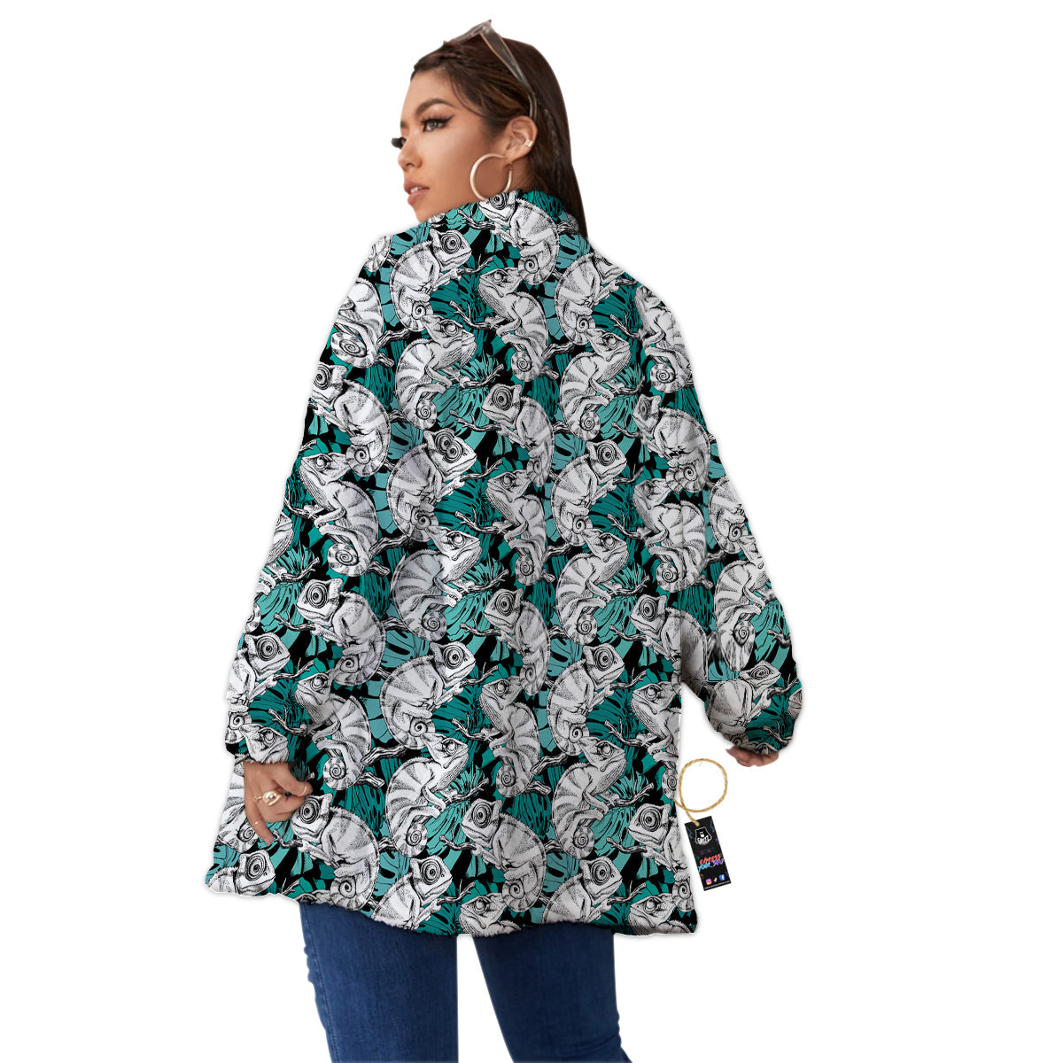 Drawing Chameleon And Monstera Leaf Print Pattern Women's Sherpa Jacket-grizzshop