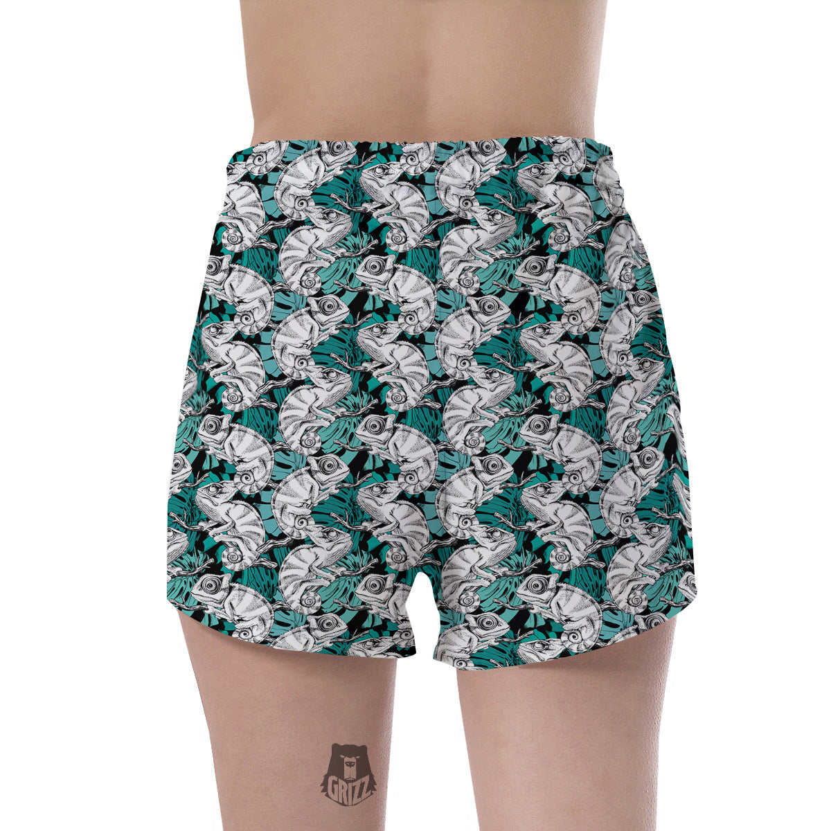 Drawing Chameleon And Monstera Leaf Print Pattern Women's Shorts-grizzshop