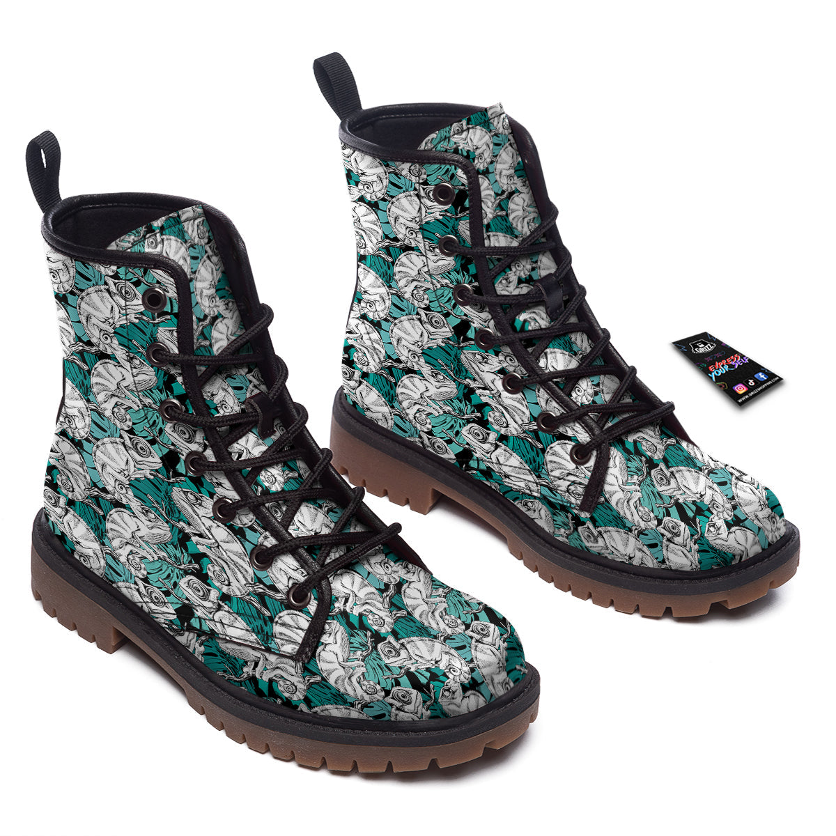 Drawing Chameleon And Monstera Leaf Print Pattern Work Boots-grizzshop