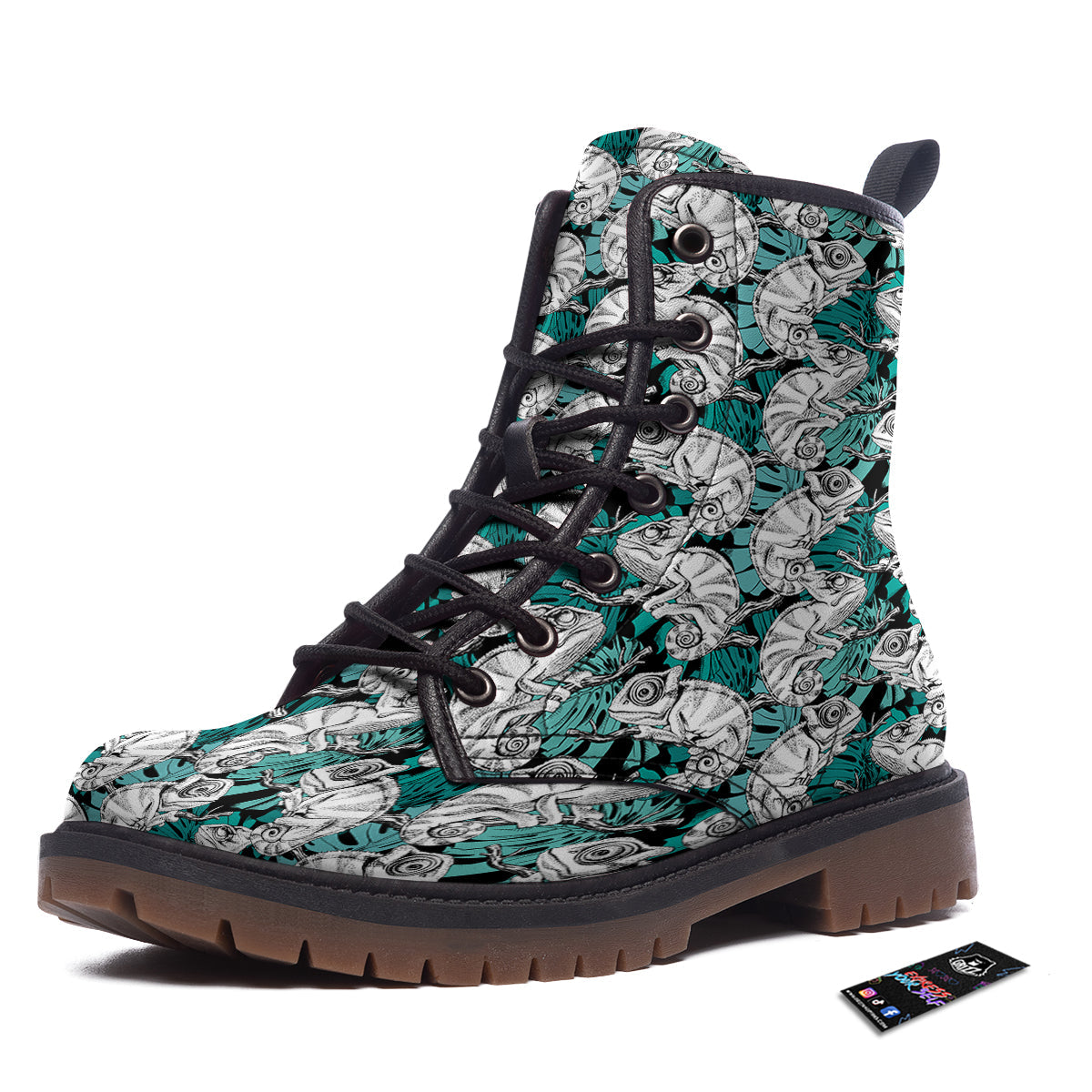 Drawing Chameleon And Monstera Leaf Print Pattern Work Boots-grizzshop