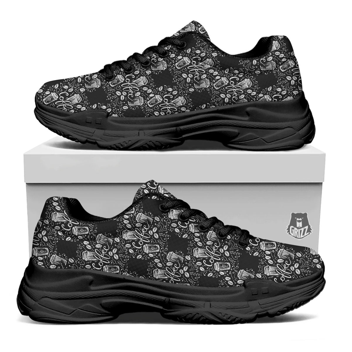 Drawing Coffee Print Pattern Black Chunky Shoes-grizzshop