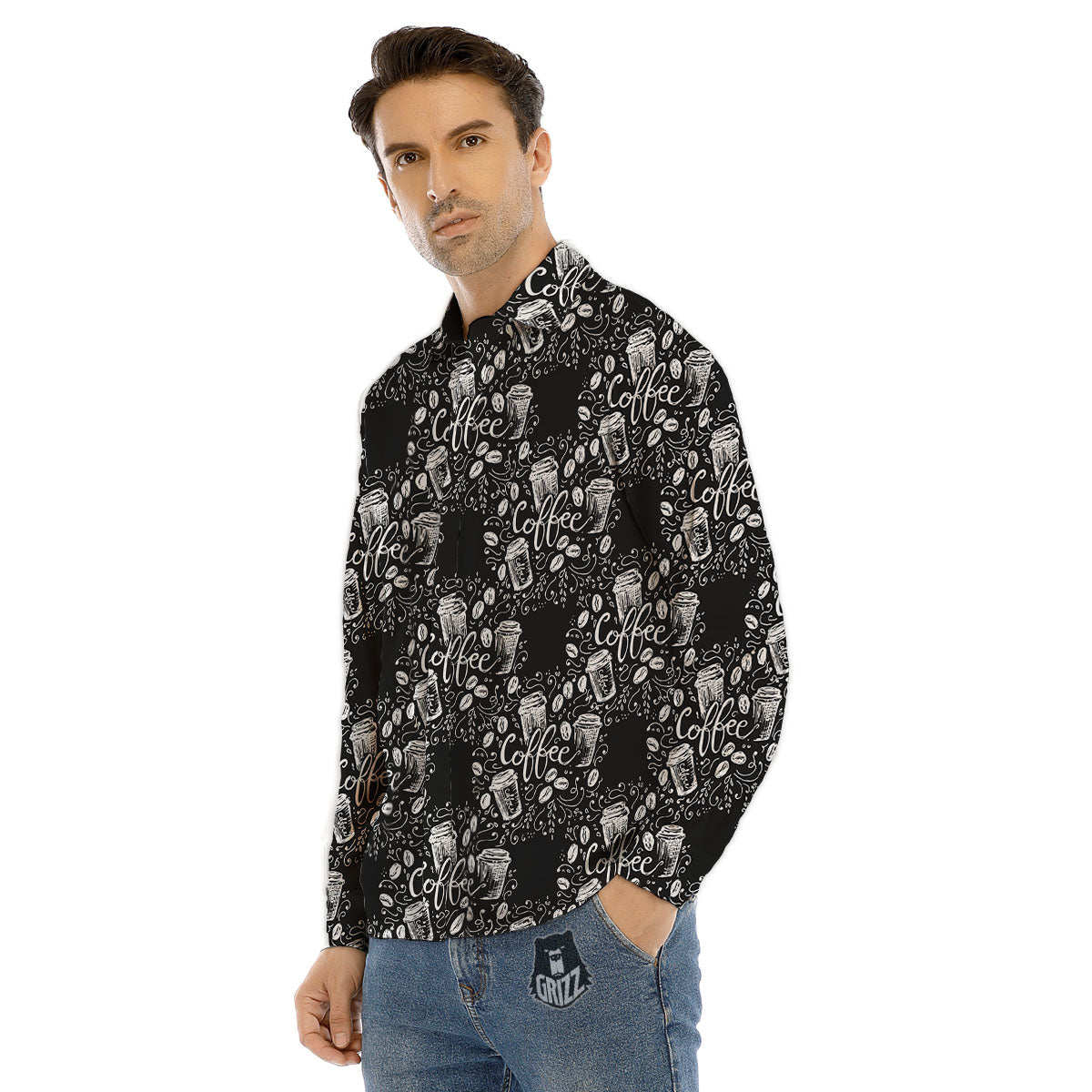 Drawing Coffee Print Pattern Men's Dress Shirts-grizzshop
