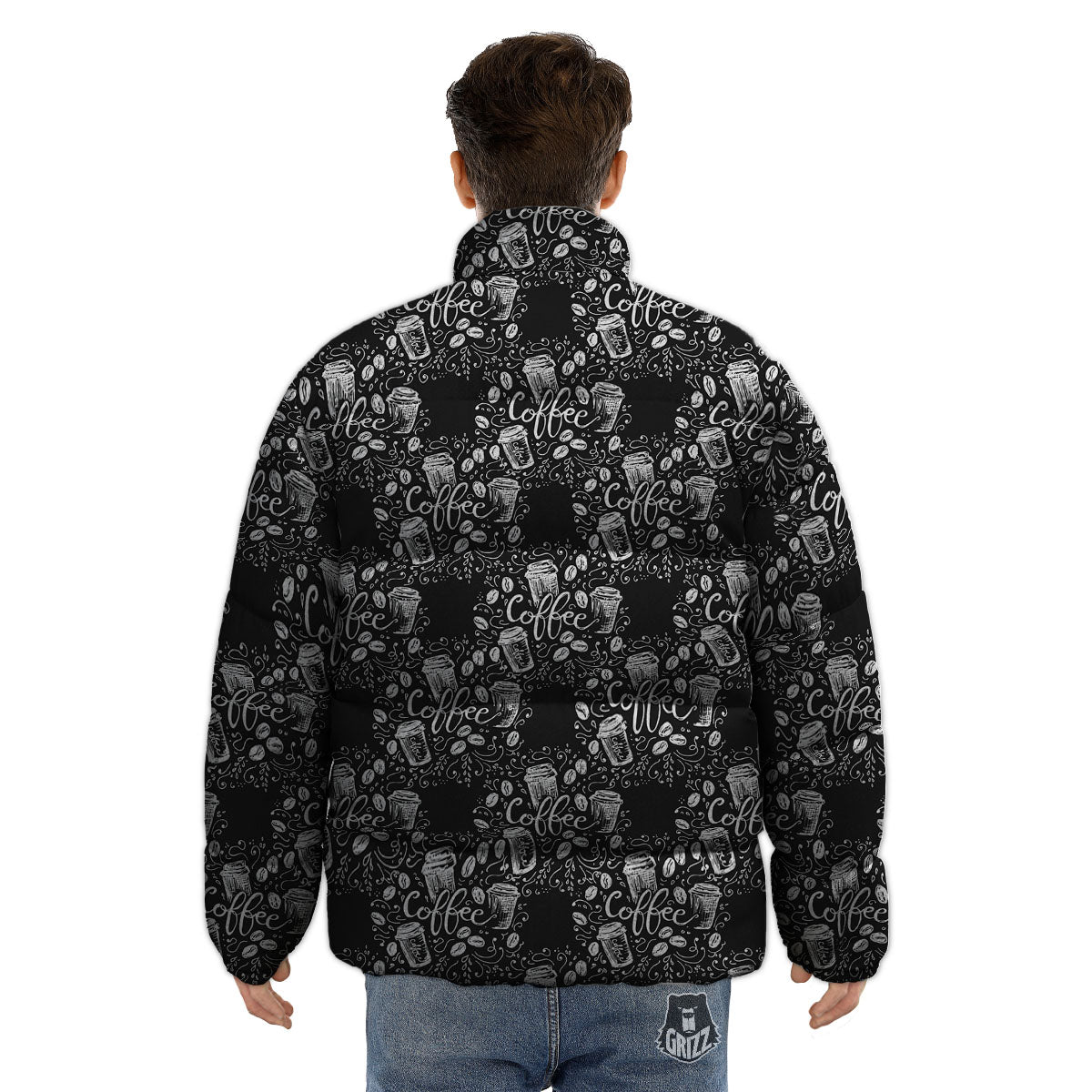 Drawing Coffee Print Pattern Puffer Jacket-grizzshop