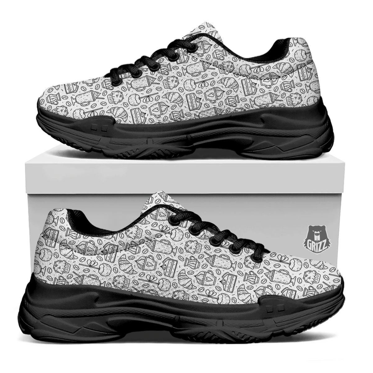 Drawing Dessert And Coffee Print Pattern Black Chunky Shoes-grizzshop