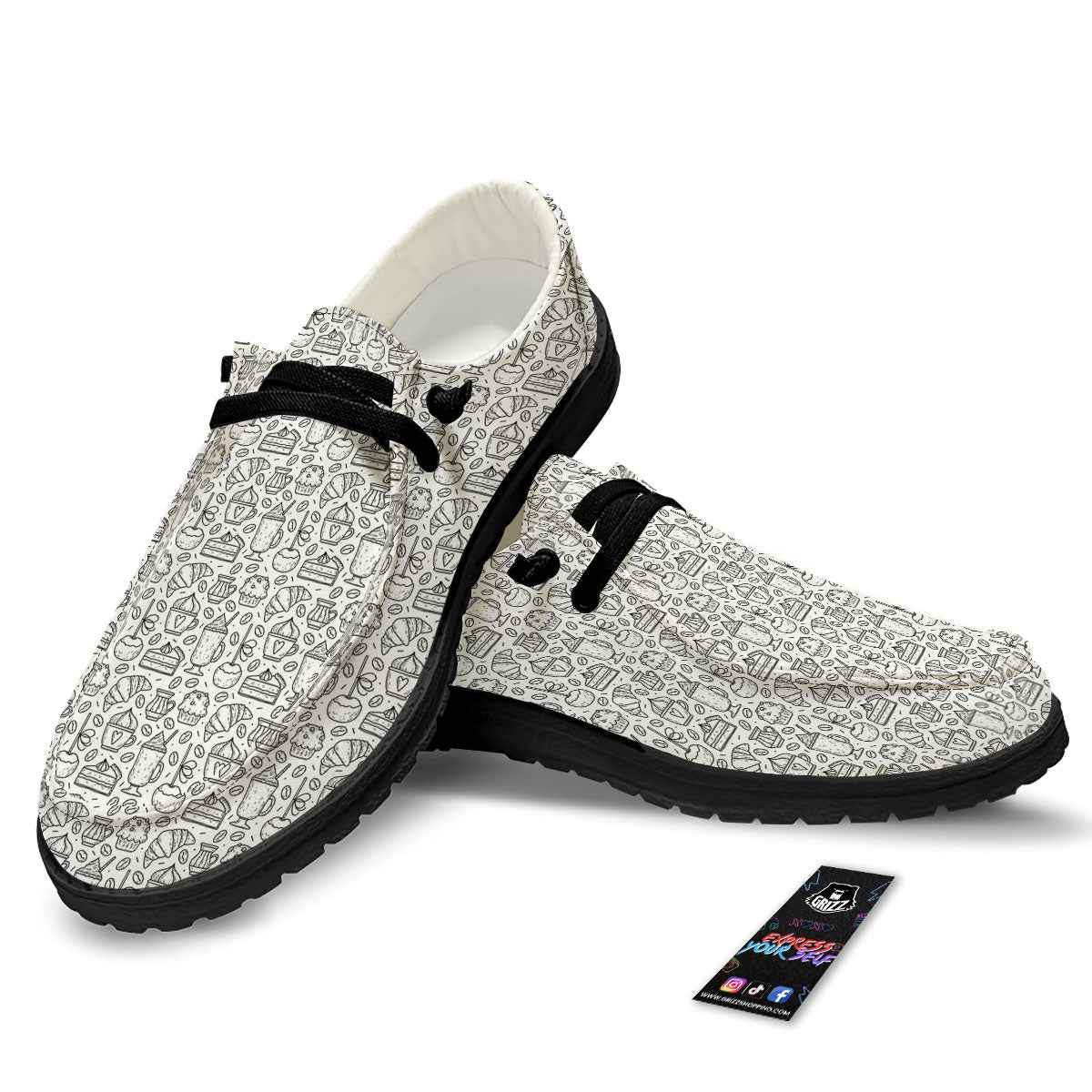 Drawing Dessert And Coffee Print Pattern Black Loafers-grizzshop