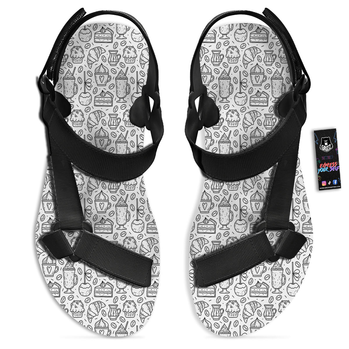 Drawing Dessert And Coffee Print Pattern Black Open Toe Sandals-grizzshop