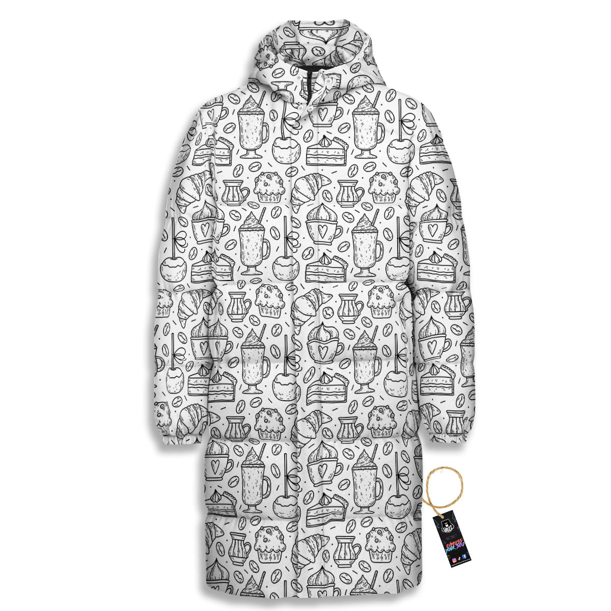 Drawing Dessert And Coffee Print Pattern Long Down Jacket-grizzshop
