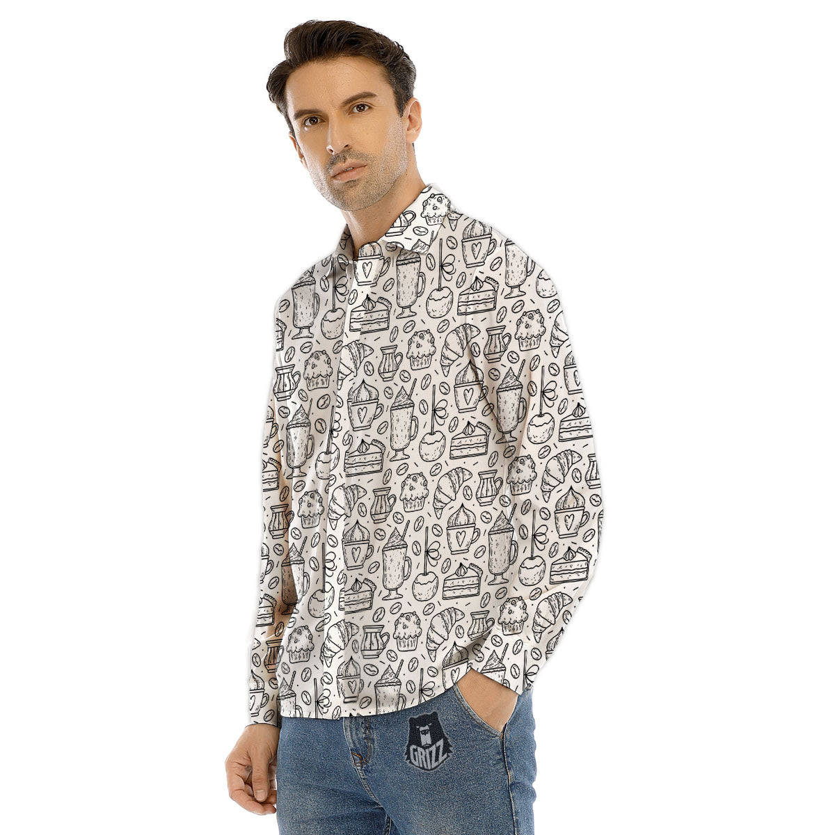 Drawing Dessert And Coffee Print Pattern Men's Dress Shirts-grizzshop