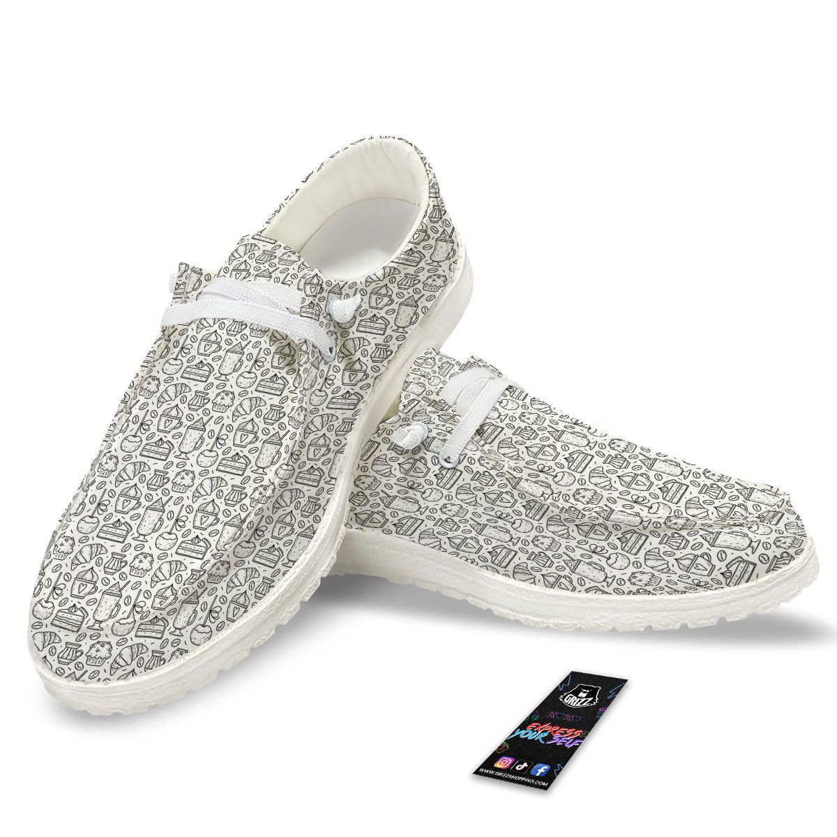 Drawing Dessert And Coffee Print Pattern White Loafers-grizzshop