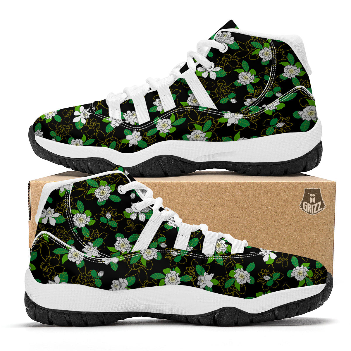 Drawing Gardenia Print Pattern White Bball Shoes-grizzshop