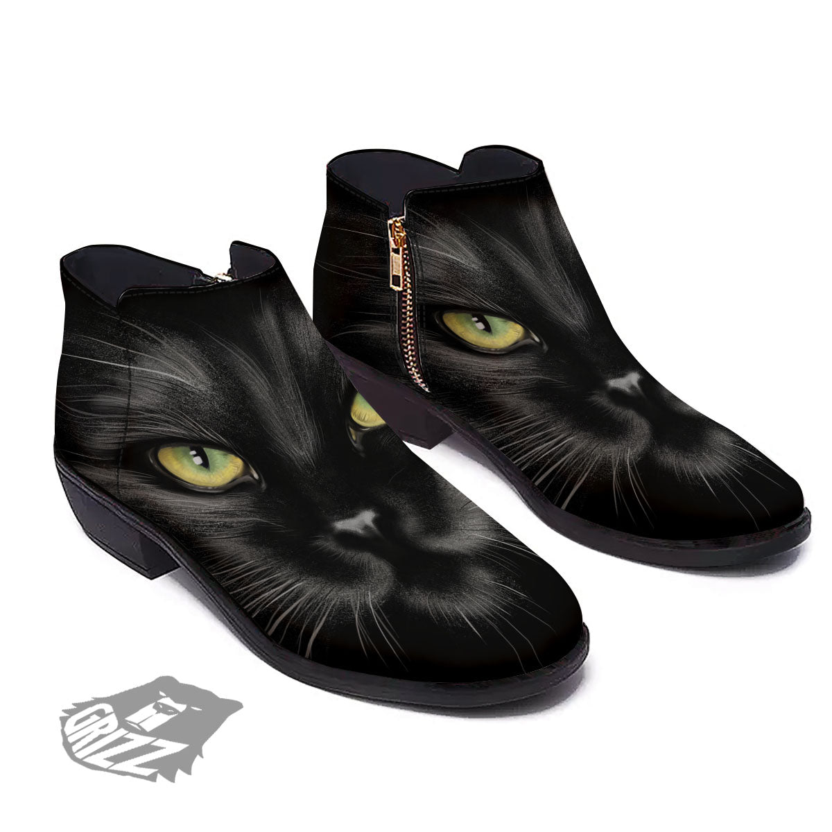 Drawing Portrait Black Cat Print Ankle Boots-grizzshop
