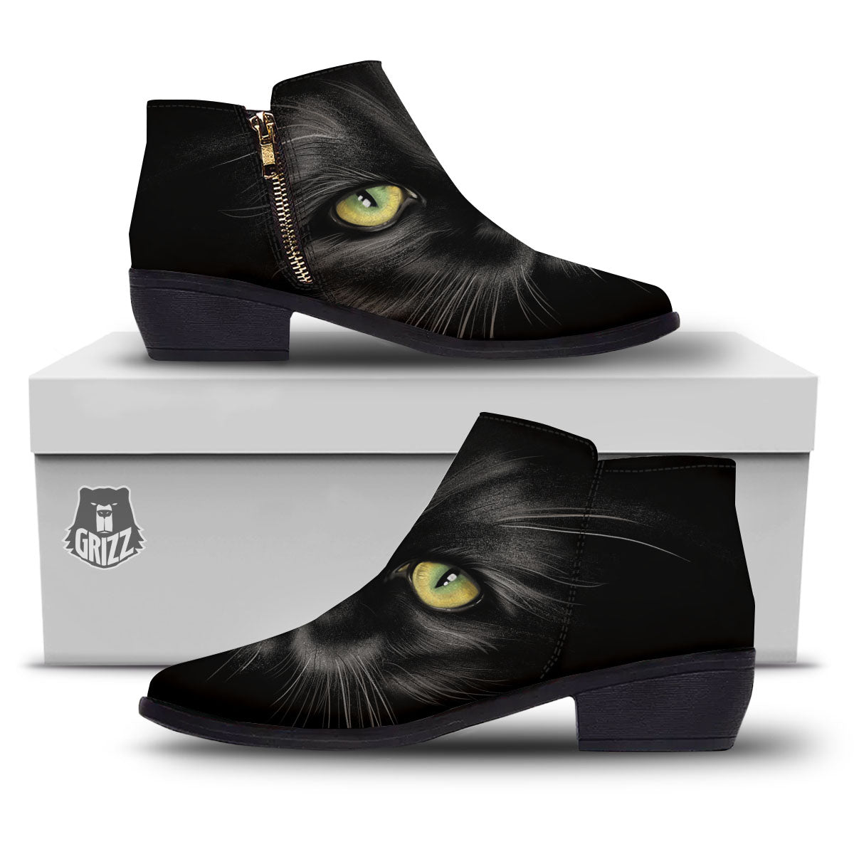 Drawing Portrait Black Cat Print Ankle Boots-grizzshop