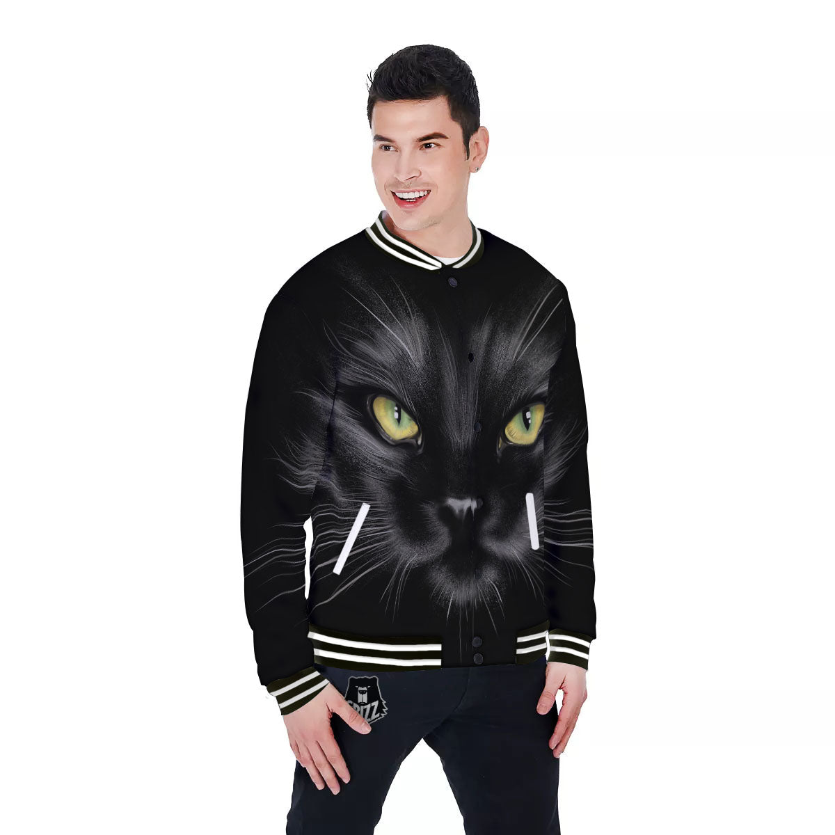 Drawing Portrait Black Cat Print Baseball Jacket-grizzshop