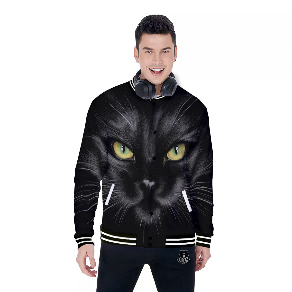 Drawing Portrait Black Cat Print Baseball Jacket-grizzshop