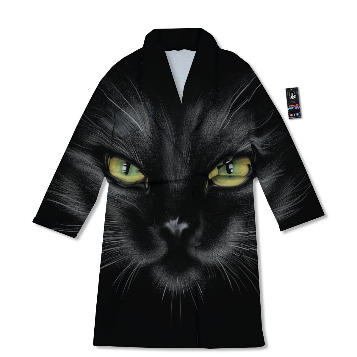 Drawing Portrait Black Cat Print Bathrobe-grizzshop