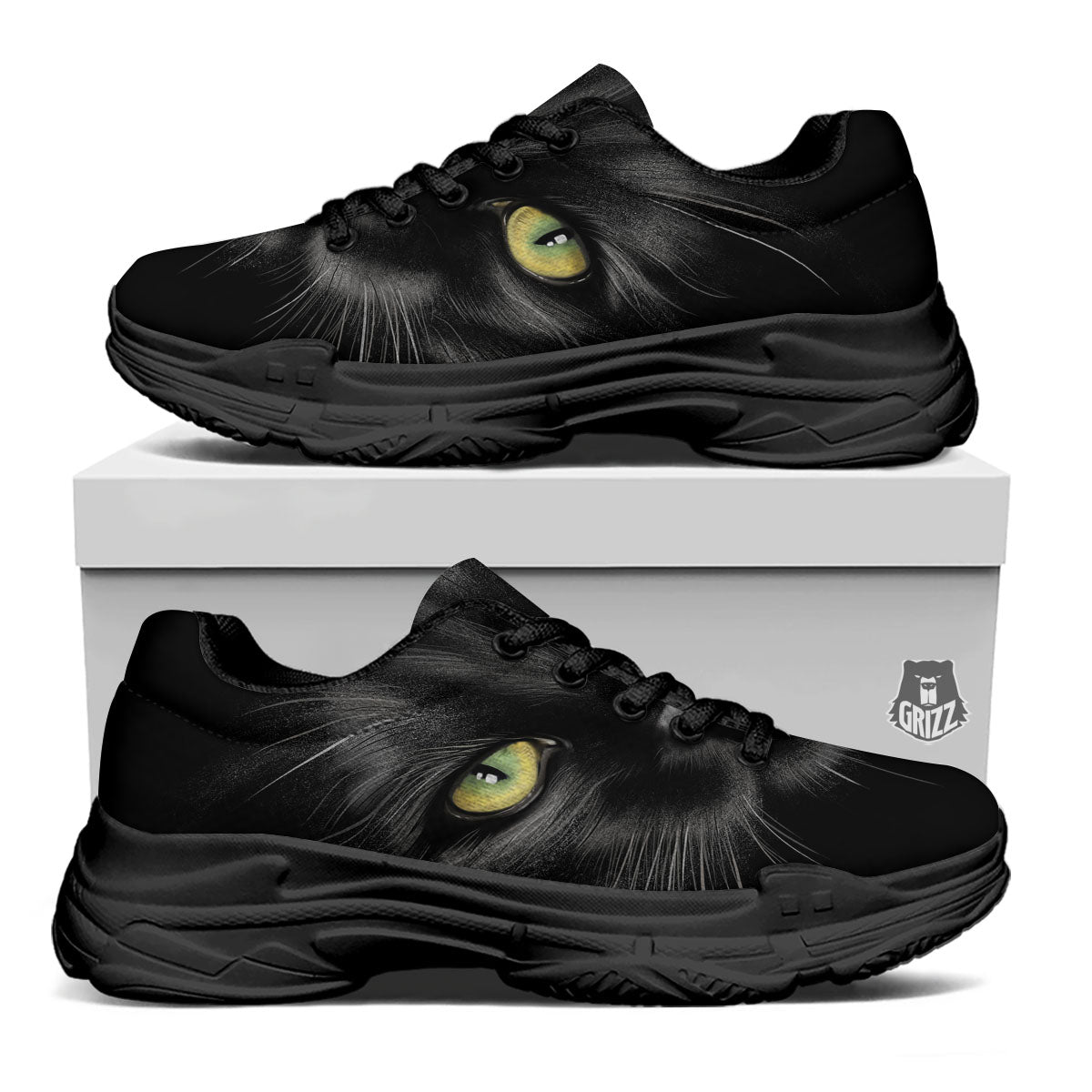 Drawing Portrait Black Cat Print Black Chunky Shoes-grizzshop
