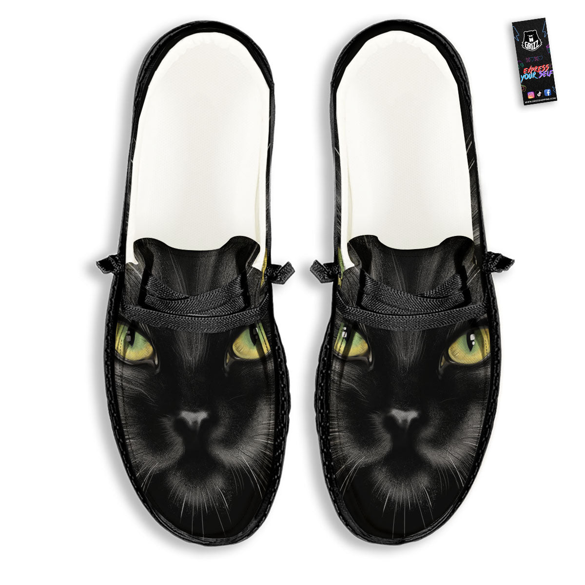 Drawing Portrait Black Cat Print Black Loafers-grizzshop