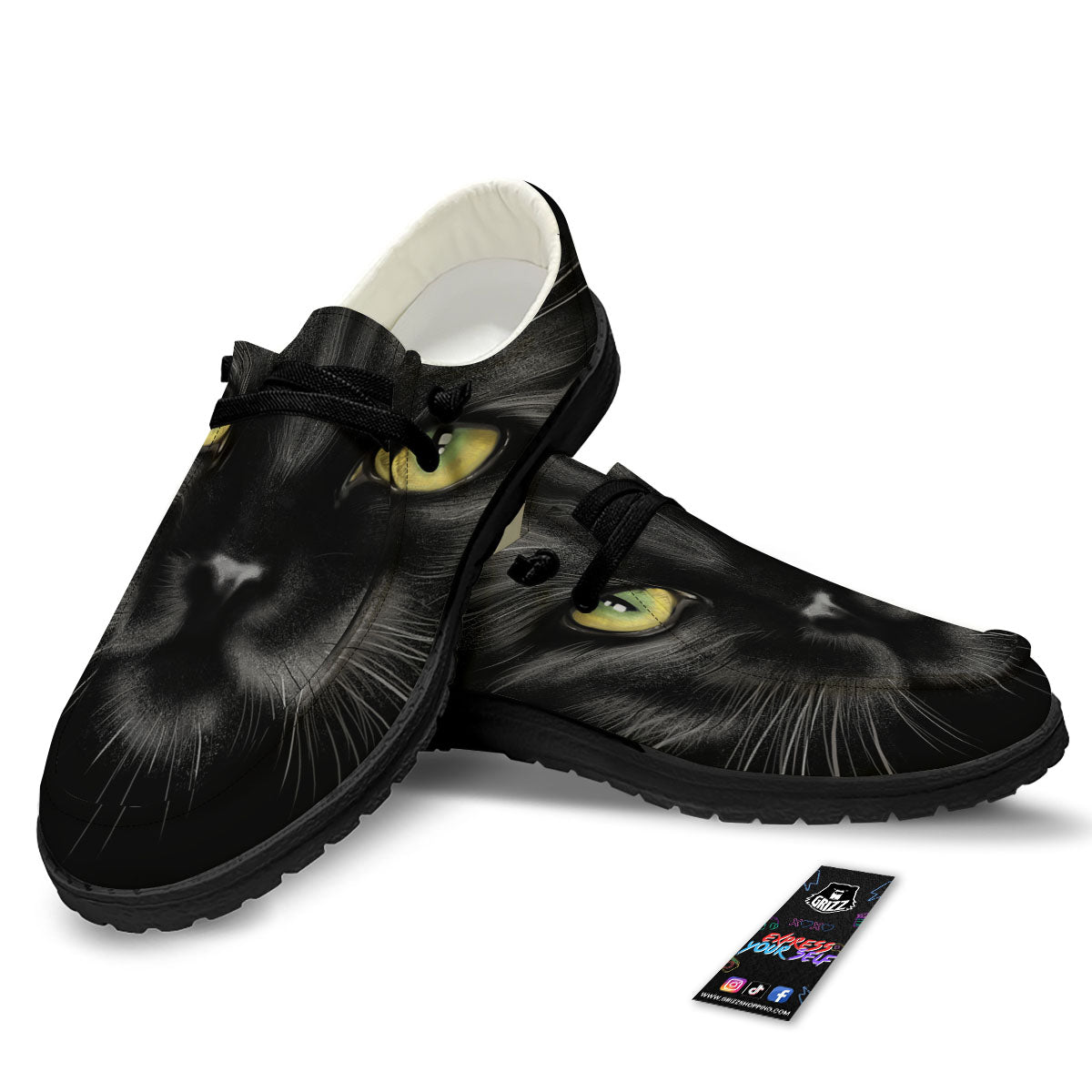 Drawing Portrait Black Cat Print Black Loafers-grizzshop