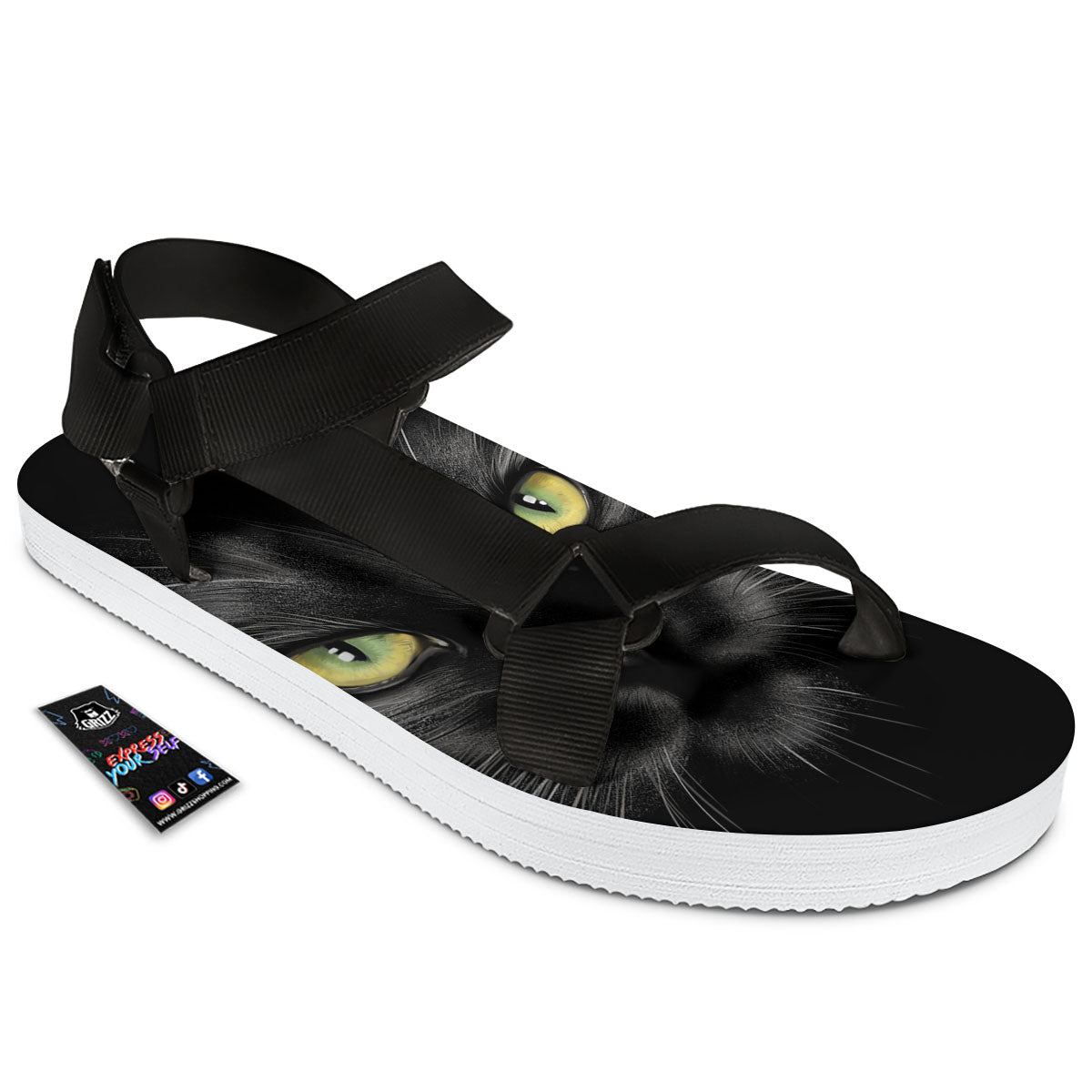 Drawing Portrait Black Cat Print Black Open Toe Sandals-grizzshop