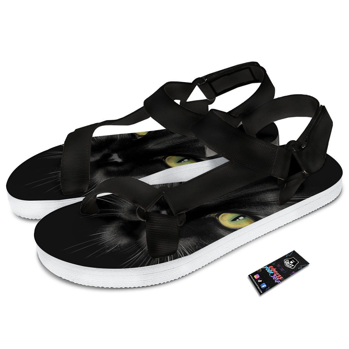 Drawing Portrait Black Cat Print Black Open Toe Sandals-grizzshop