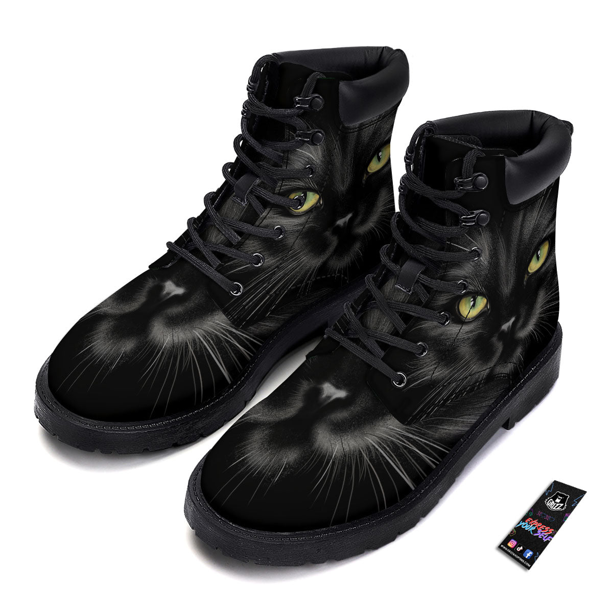 Drawing Portrait Black Cat Print Boots-grizzshop