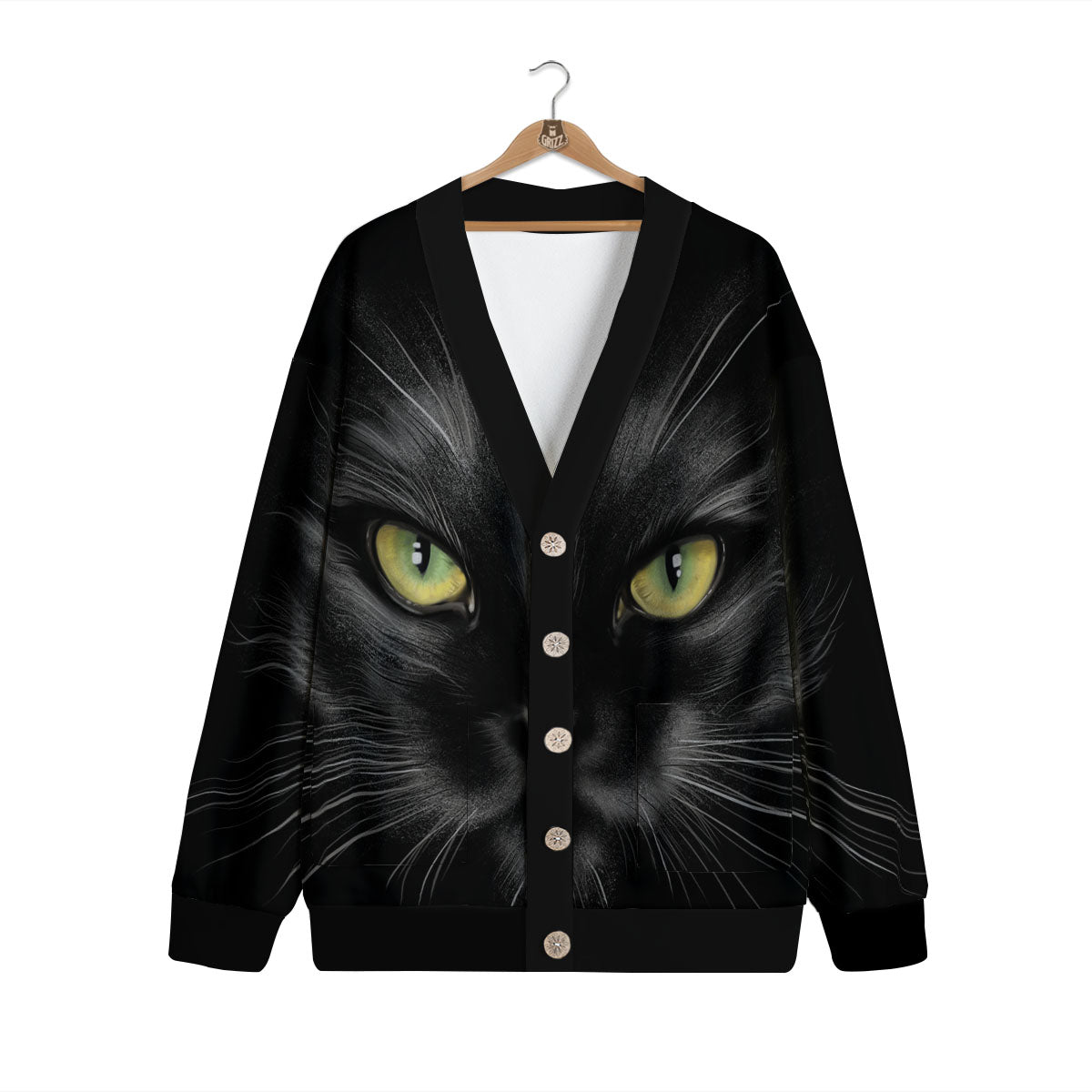 Drawing Portrait Black Cat Print Cardigan-grizzshop