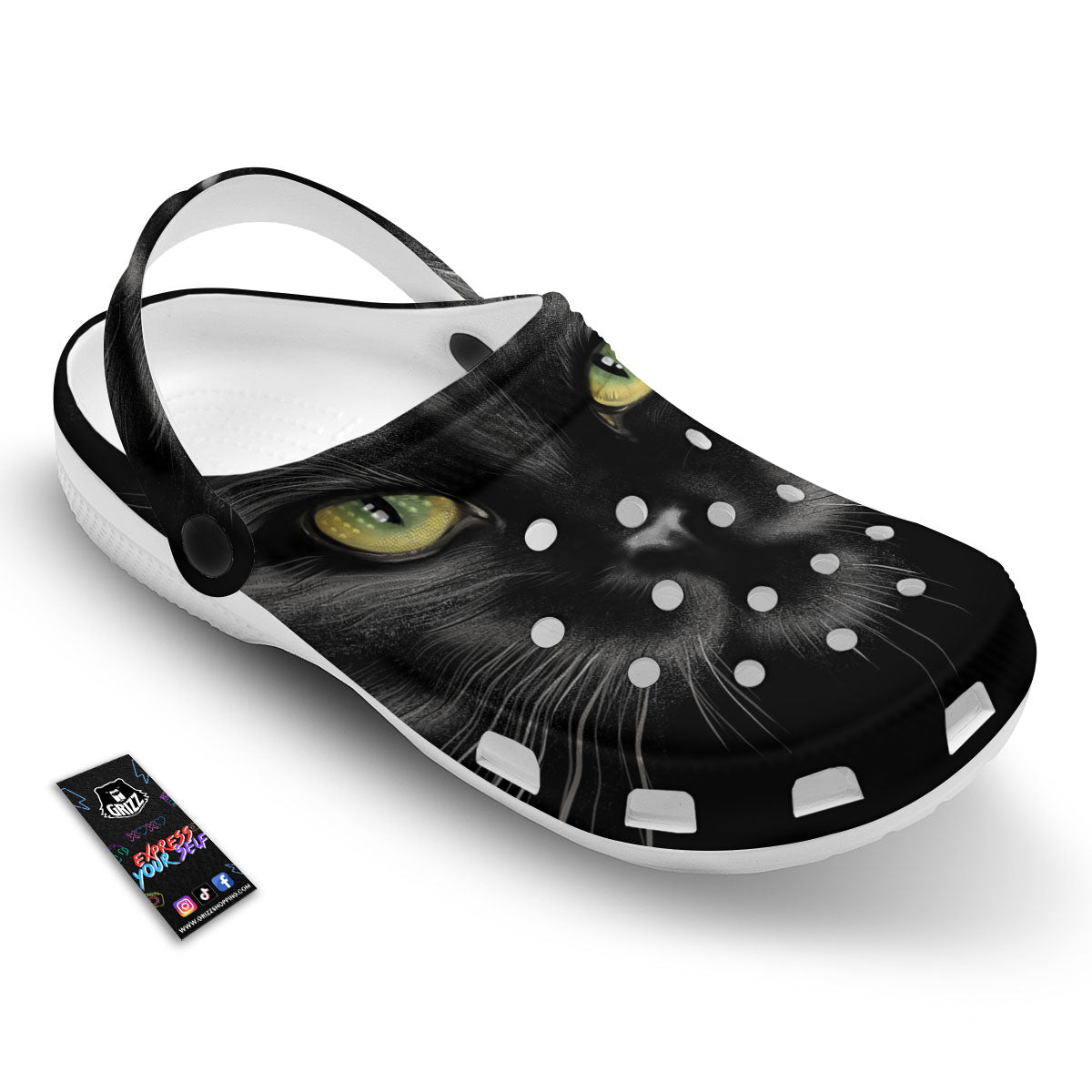 Drawing Portrait Black Cat Print Clog-grizzshop