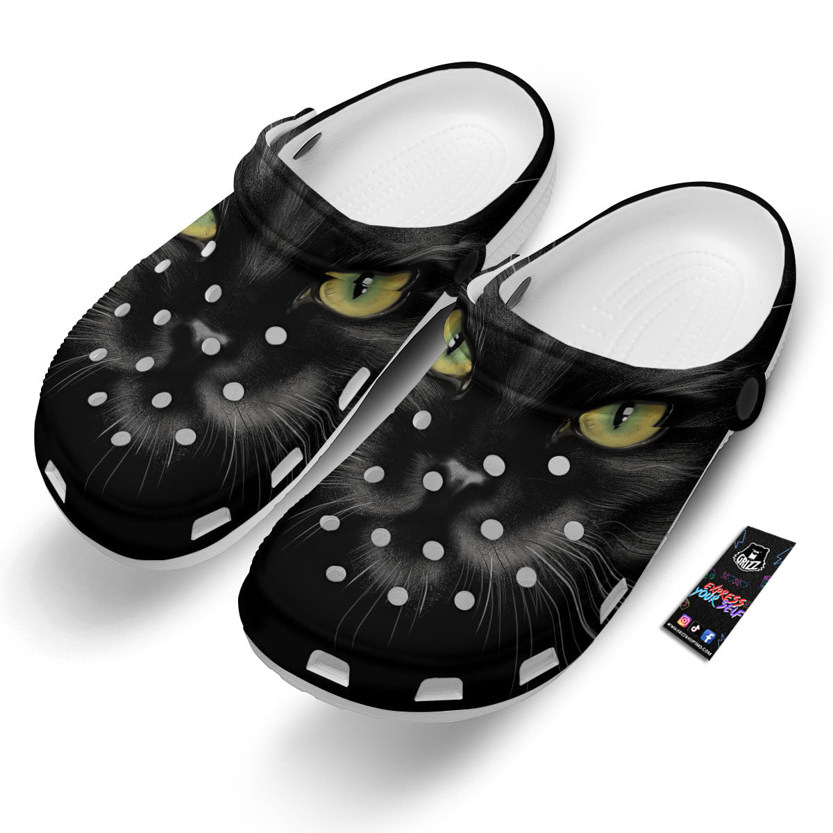 Drawing Portrait Black Cat Print Clog-grizzshop