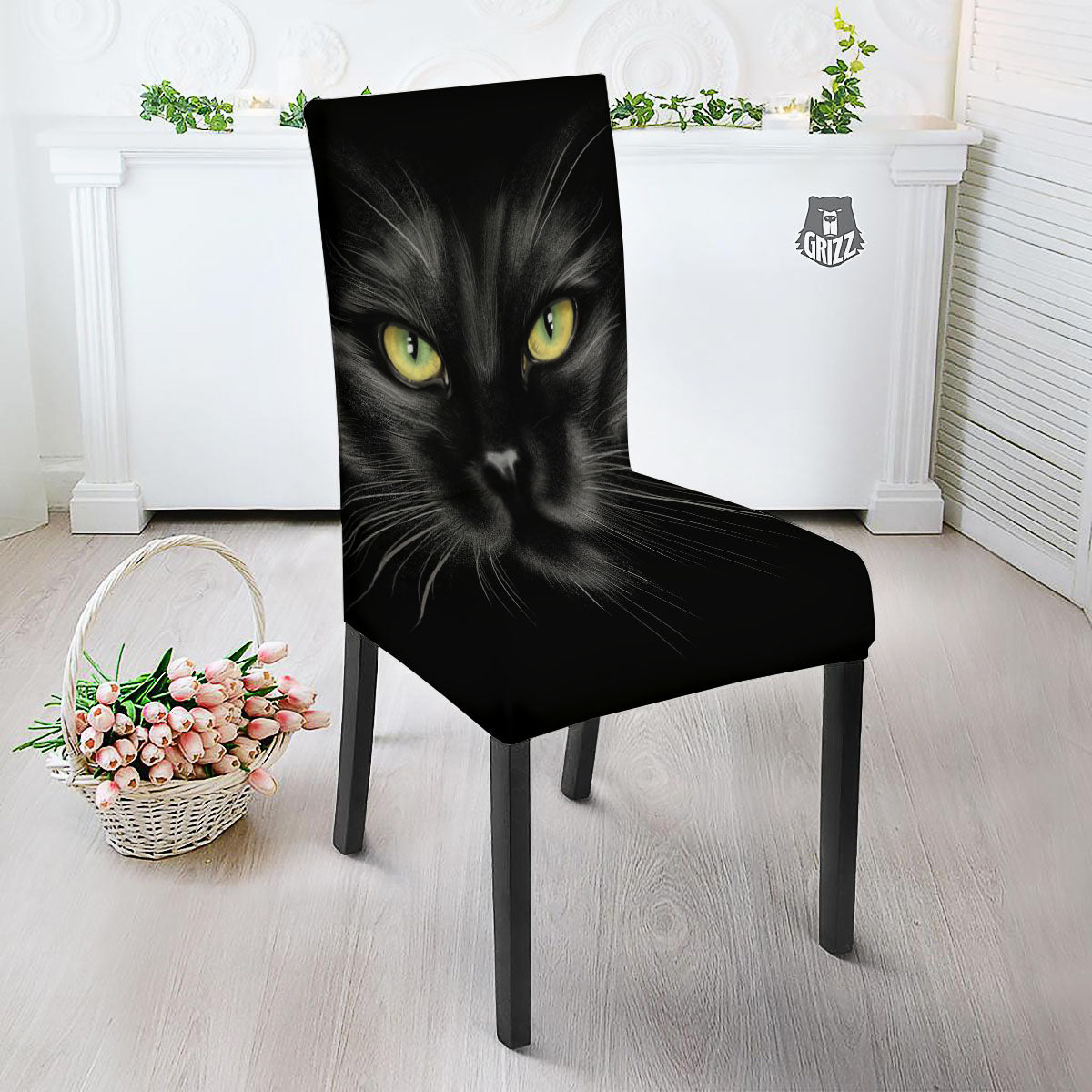 Drawing Portrait Black Cat Print Dining Chair Slipcover-grizzshop