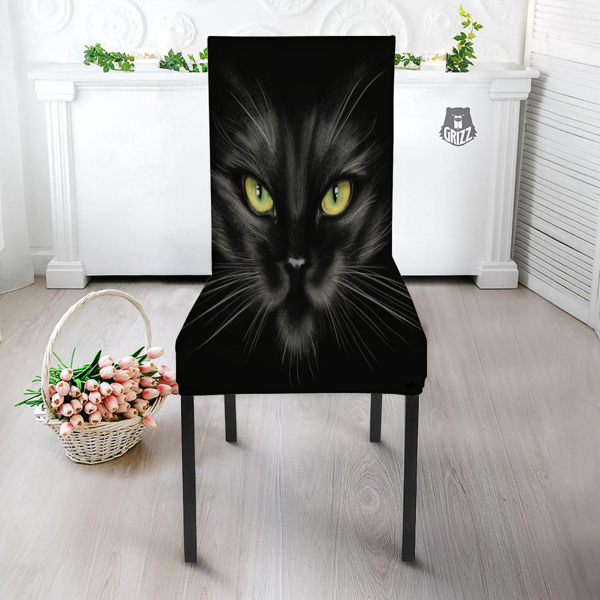 Drawing Portrait Black Cat Print Dining Chair Slipcover-grizzshop