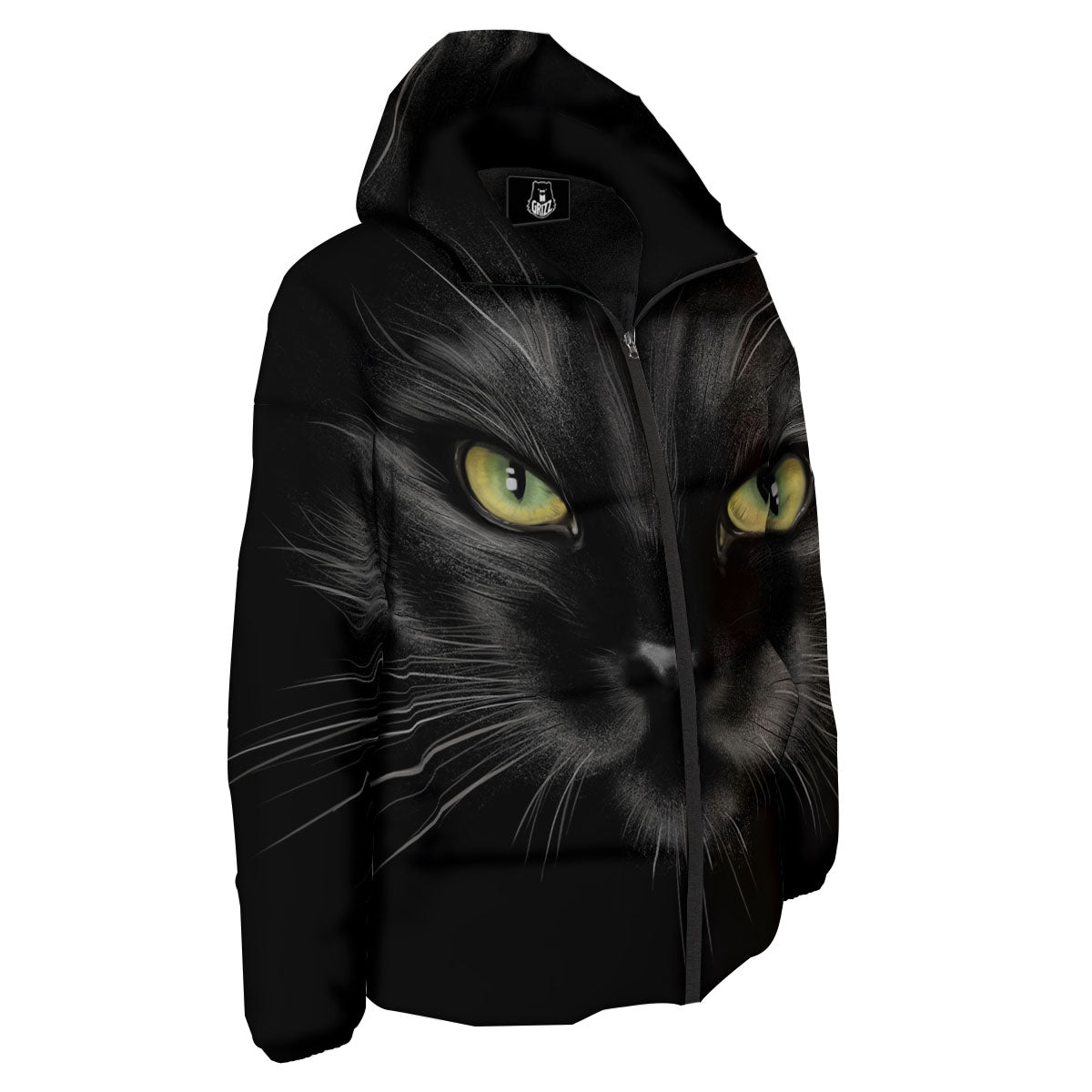 Drawing Portrait Black Cat Print Down Jacket-grizzshop