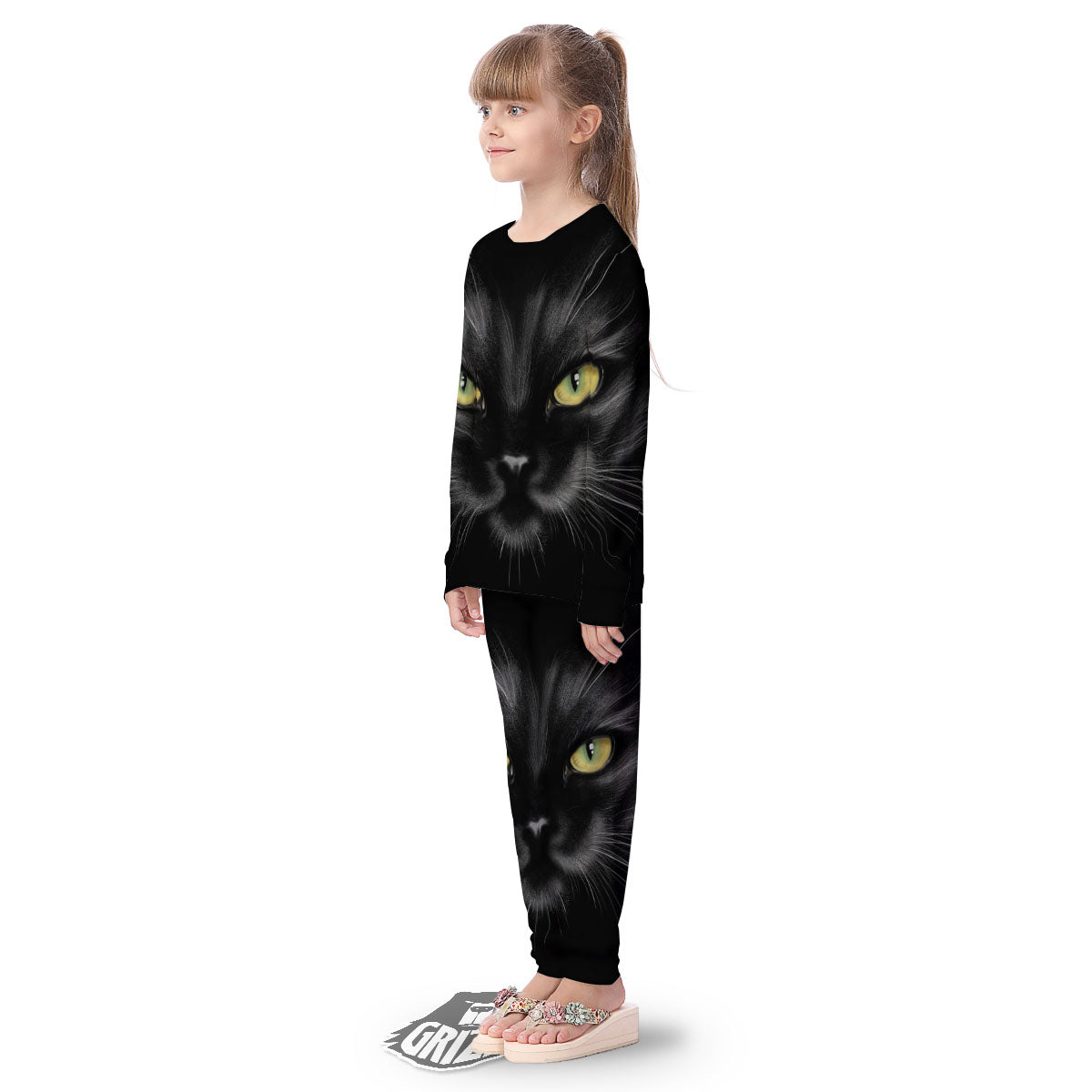 Drawing Portrait Black Cat Print Kid's Pajamas-grizzshop