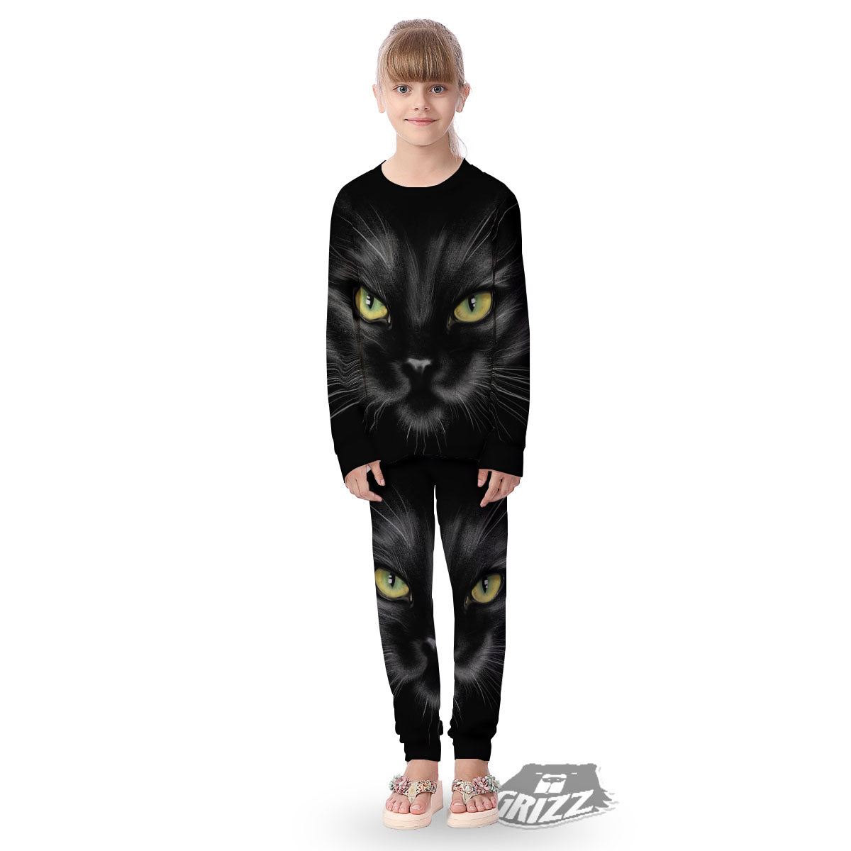 Drawing Portrait Black Cat Print Kid's Pajamas-grizzshop