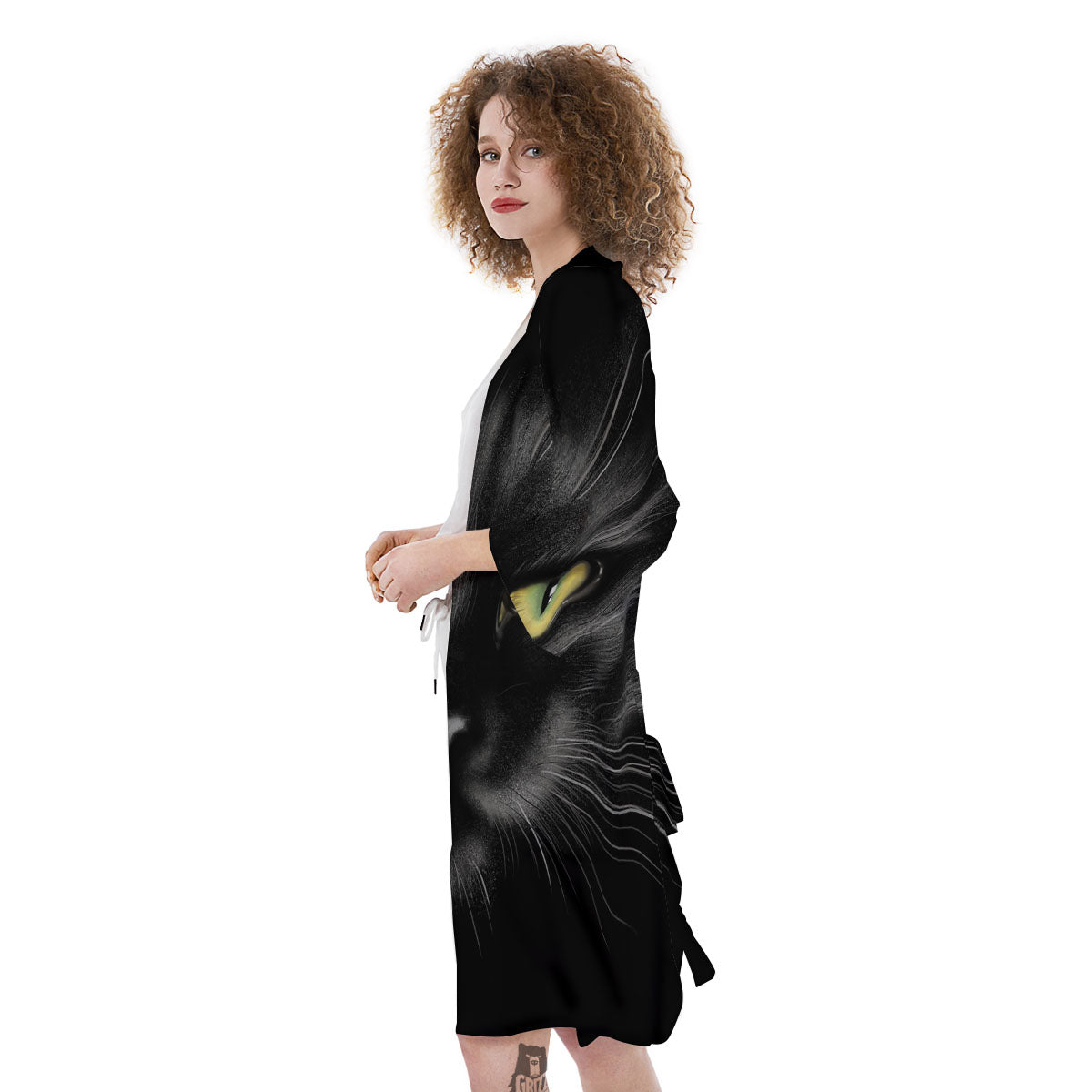 Drawing Portrait Black Cat Print Kimono-grizzshop
