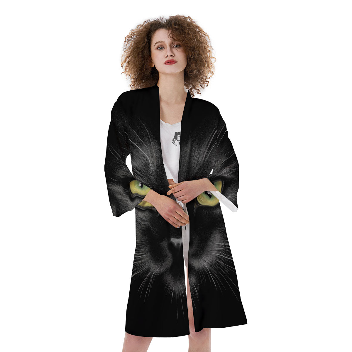 Drawing Portrait Black Cat Print Kimono-grizzshop