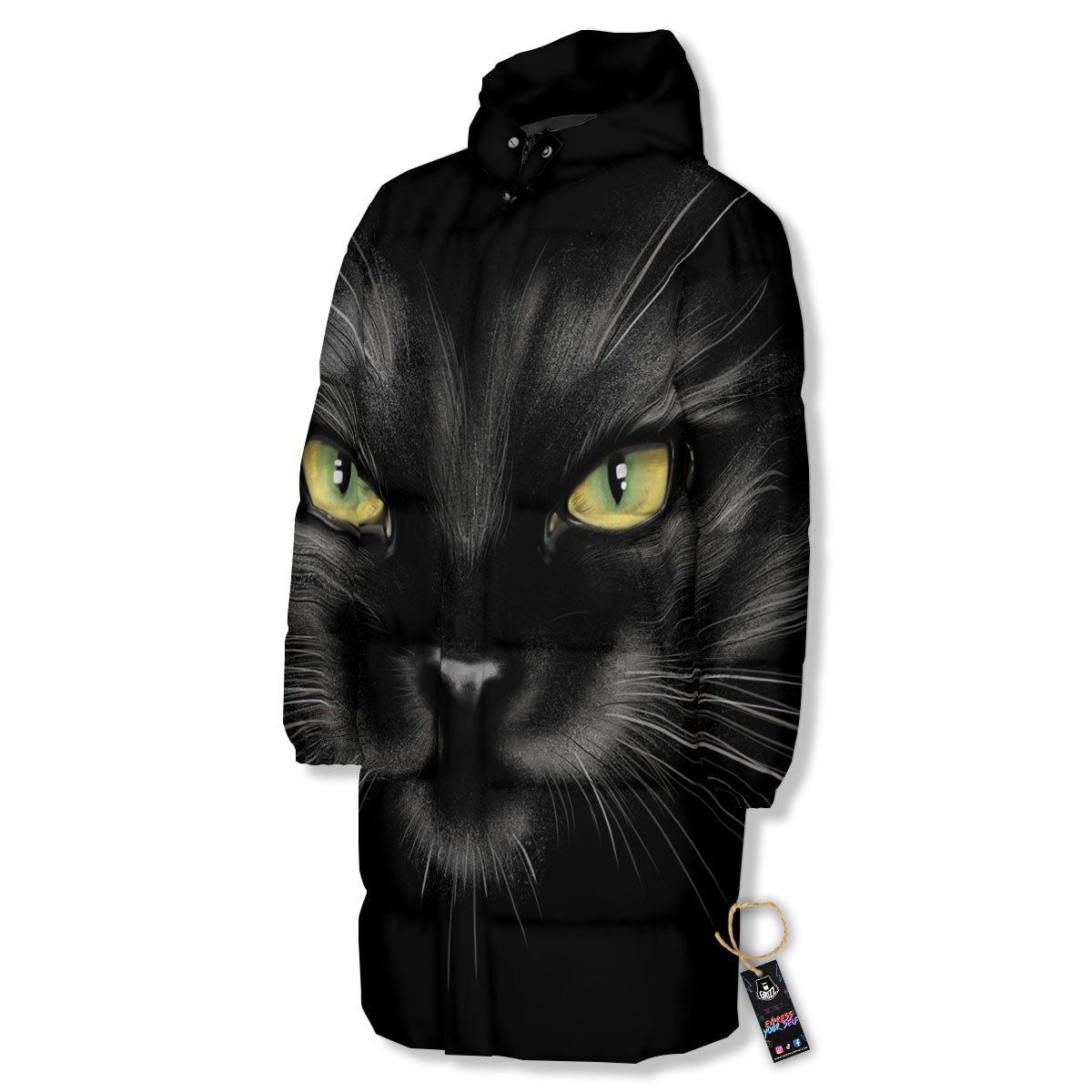 Drawing Portrait Black Cat Print Long Down Jacket-grizzshop