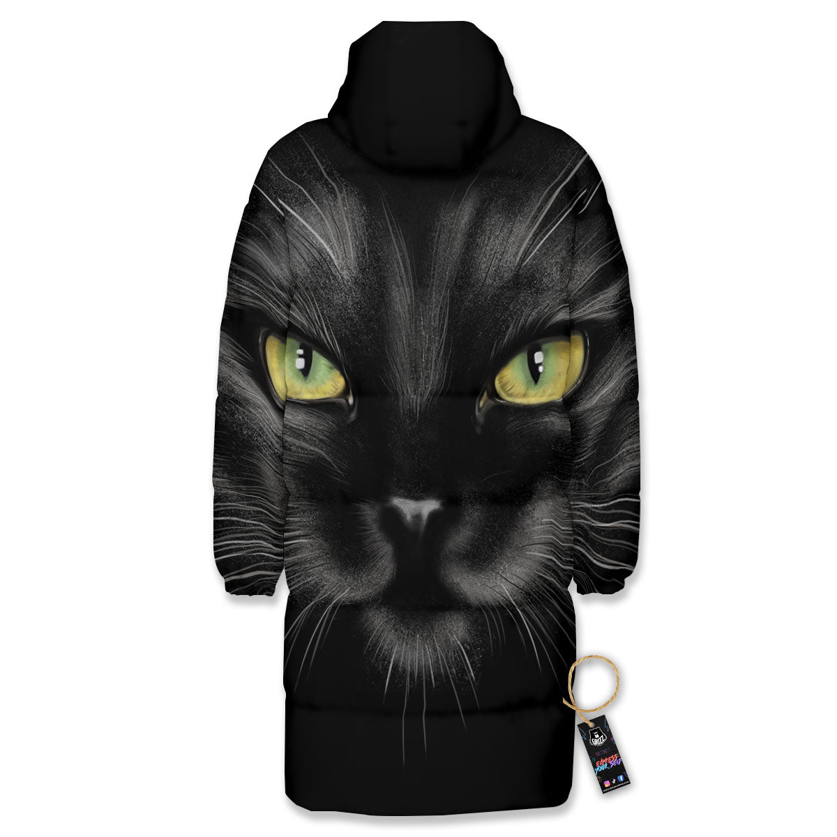 Drawing Portrait Black Cat Print Long Down Jacket-grizzshop