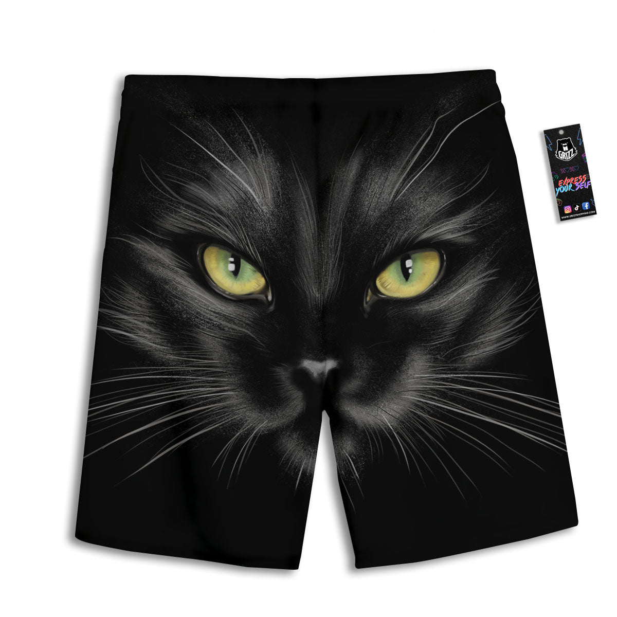 Drawing Portrait Black Cat Print Men's Athletic Shorts