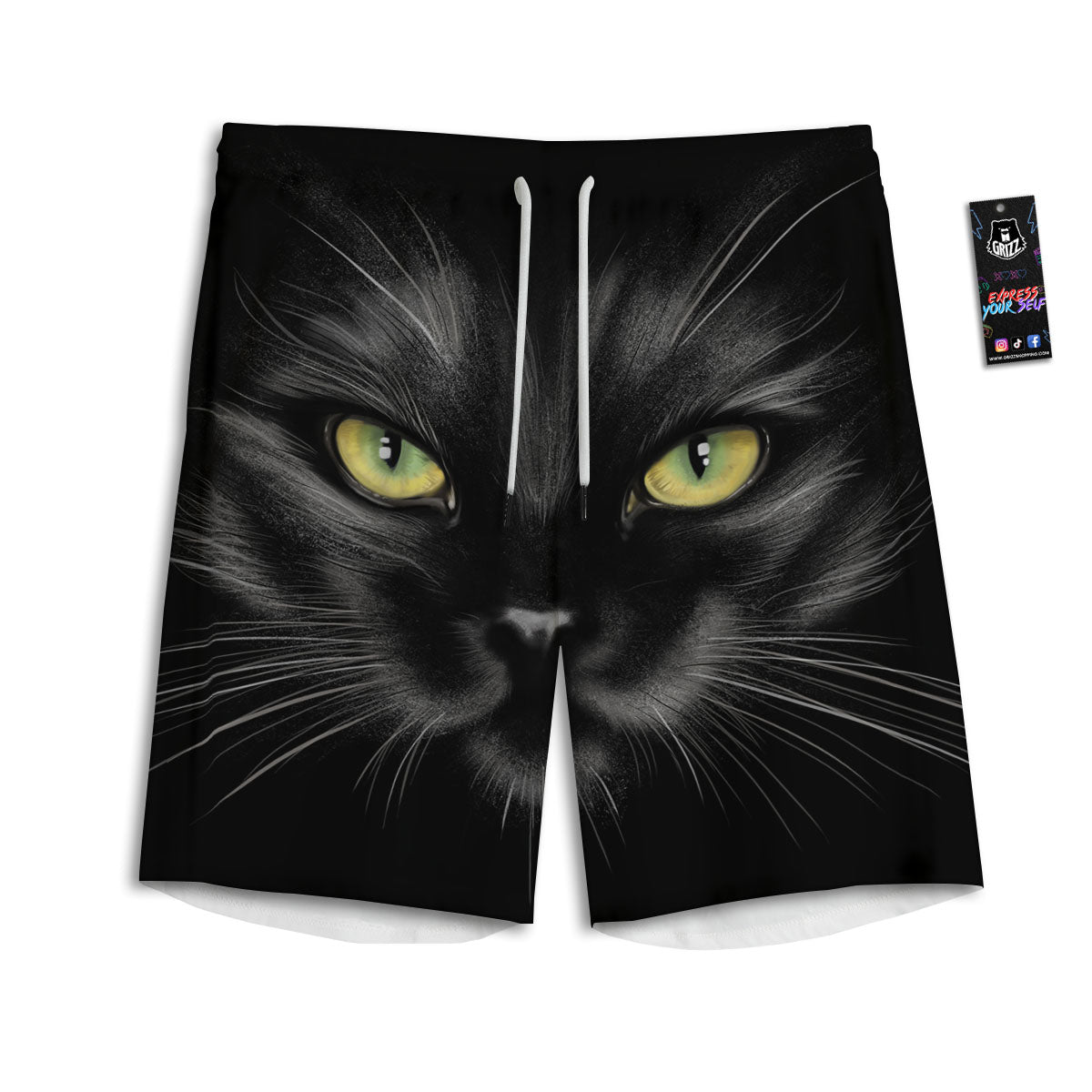 Drawing Portrait Black Cat Print Men's Athletic Shorts