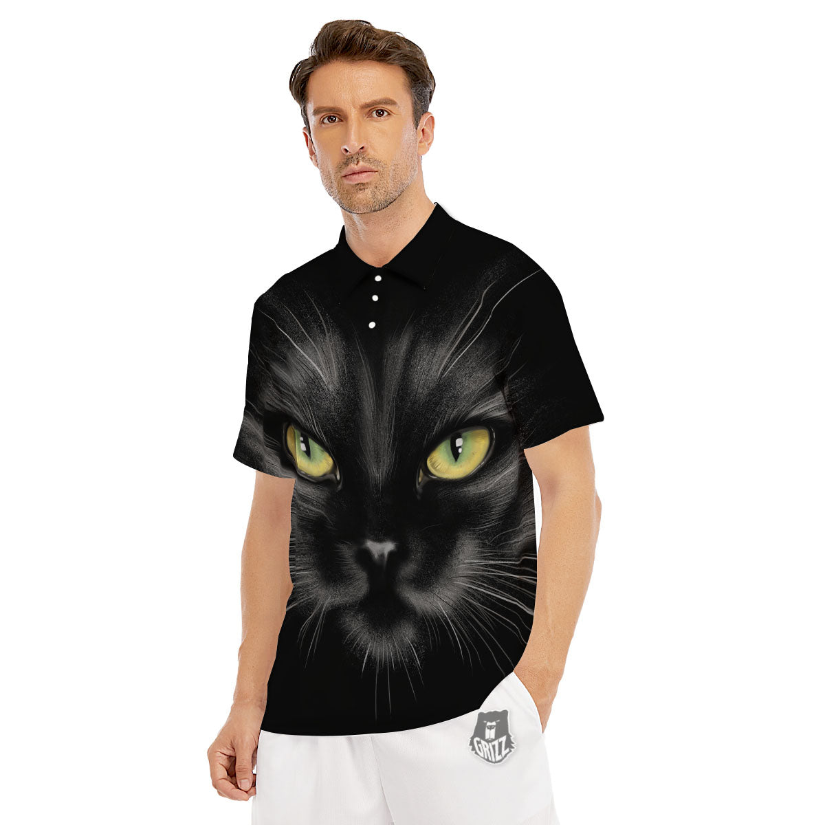 Drawing Portrait Black Cat Print Men's Golf Shirts-grizzshop