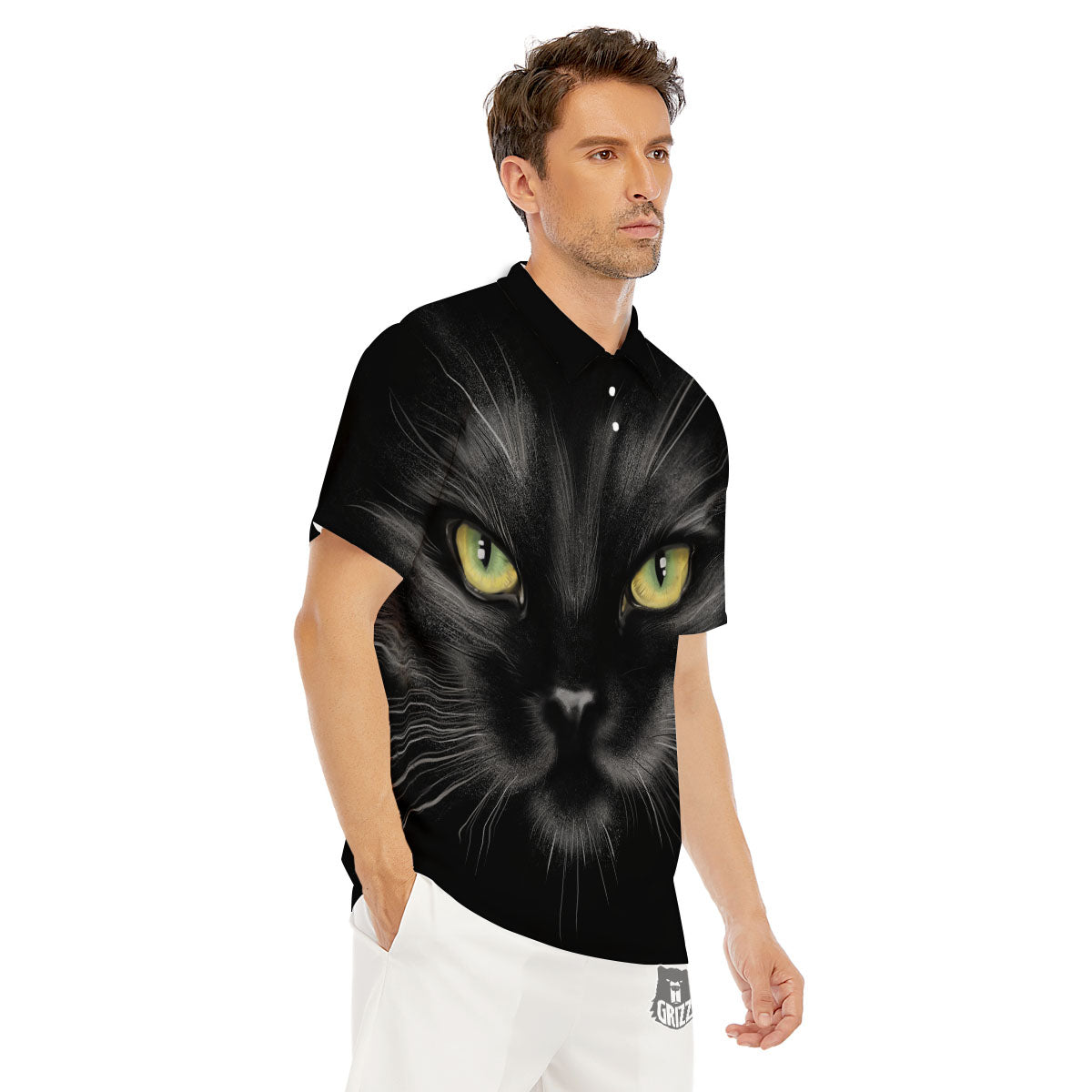 Drawing Portrait Black Cat Print Men's Golf Shirts-grizzshop