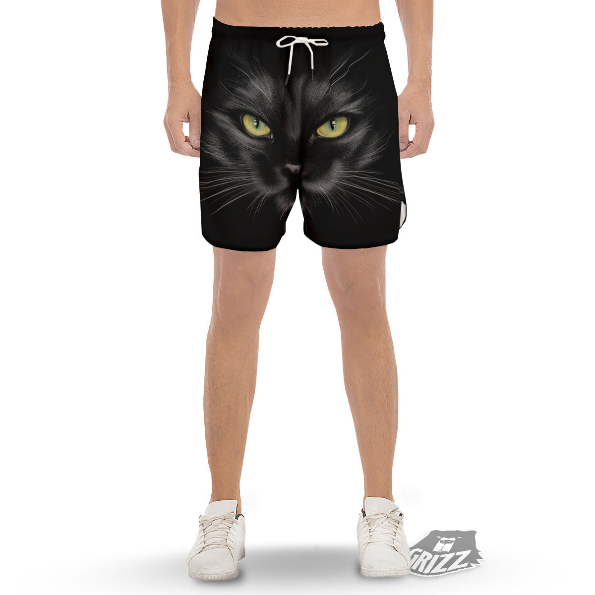 Drawing Portrait Black Cat Print Men's Gym Shorts-grizzshop