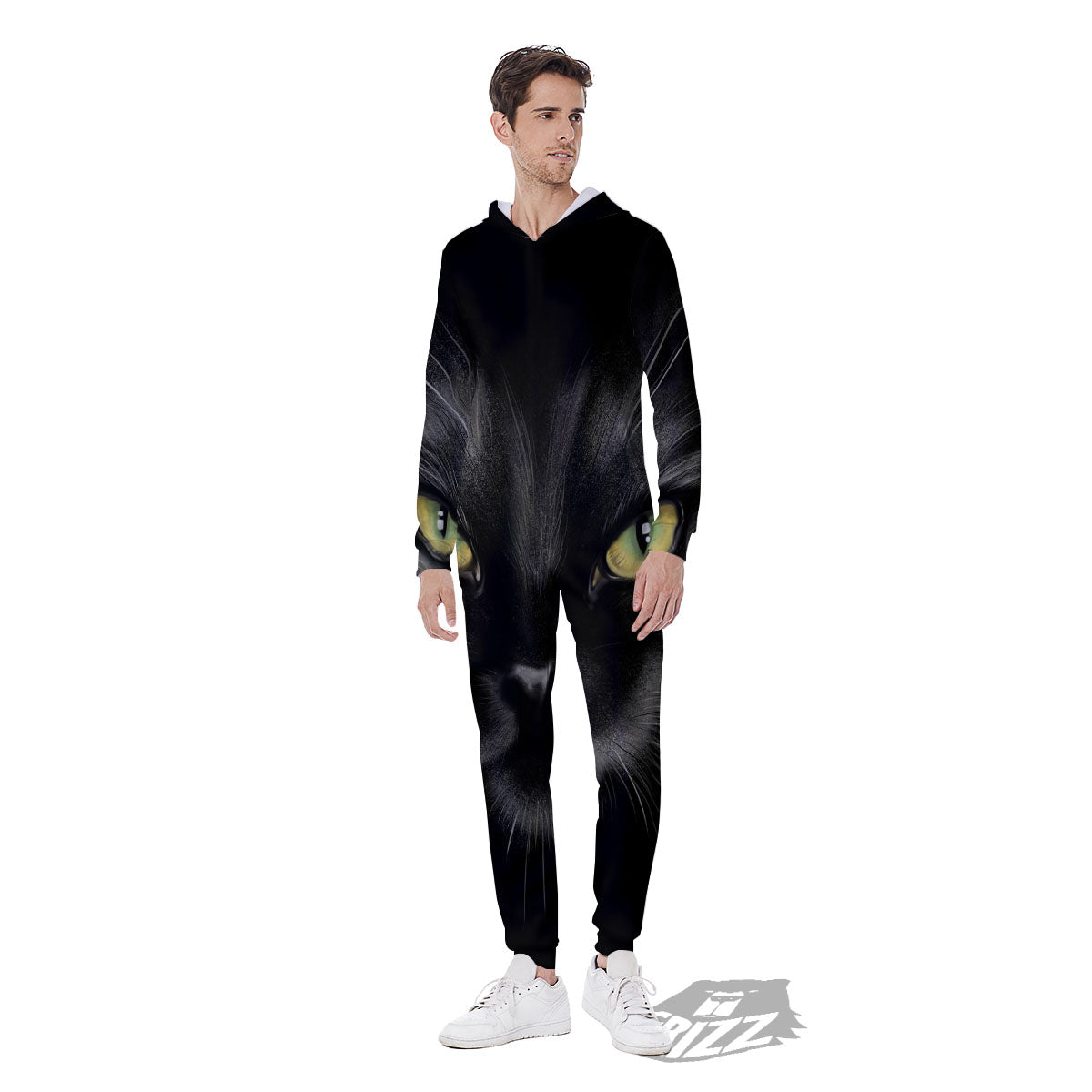 Drawing Portrait Black Cat Print Men's Jumpsuit-grizzshop