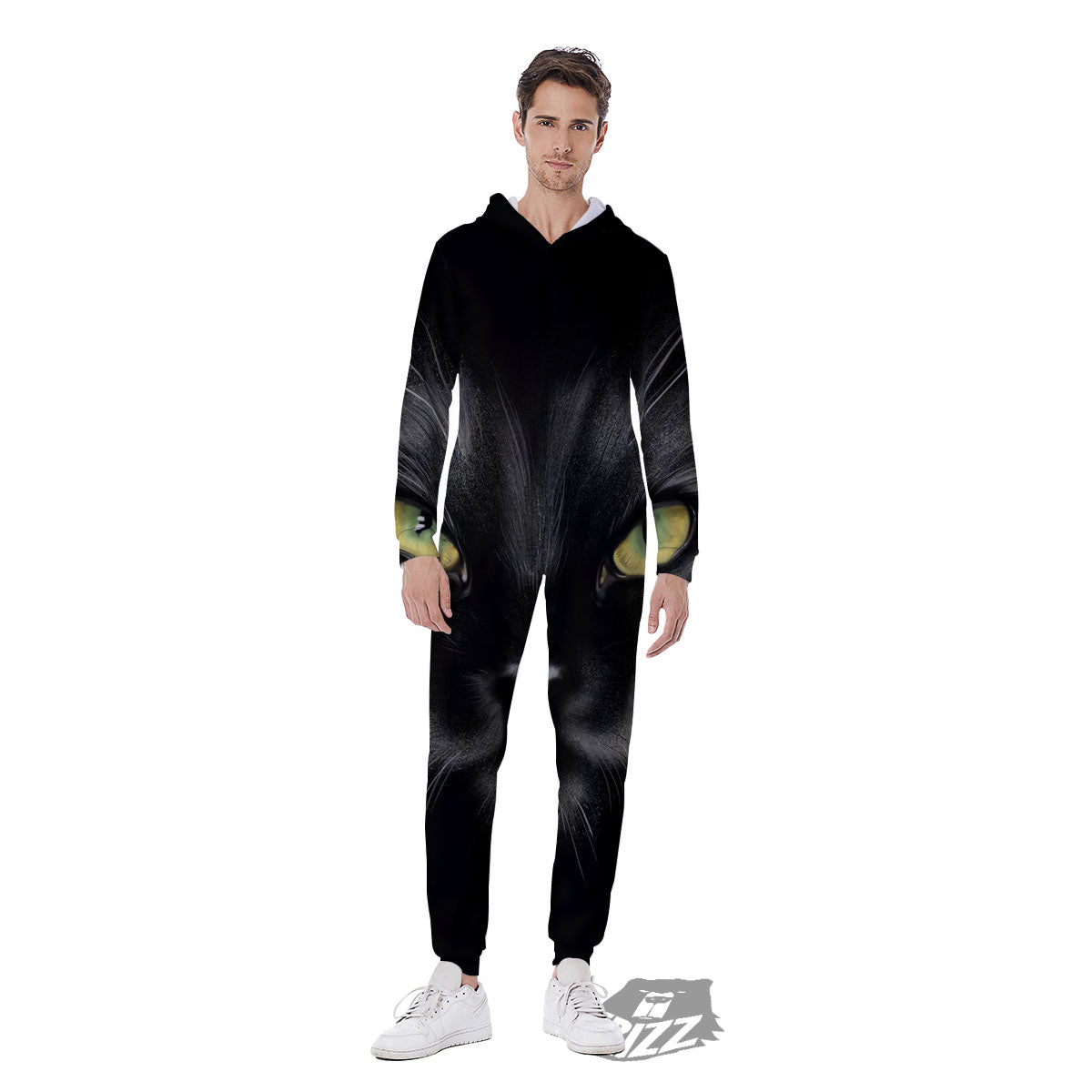Drawing Portrait Black Cat Print Men's Jumpsuit-grizzshop