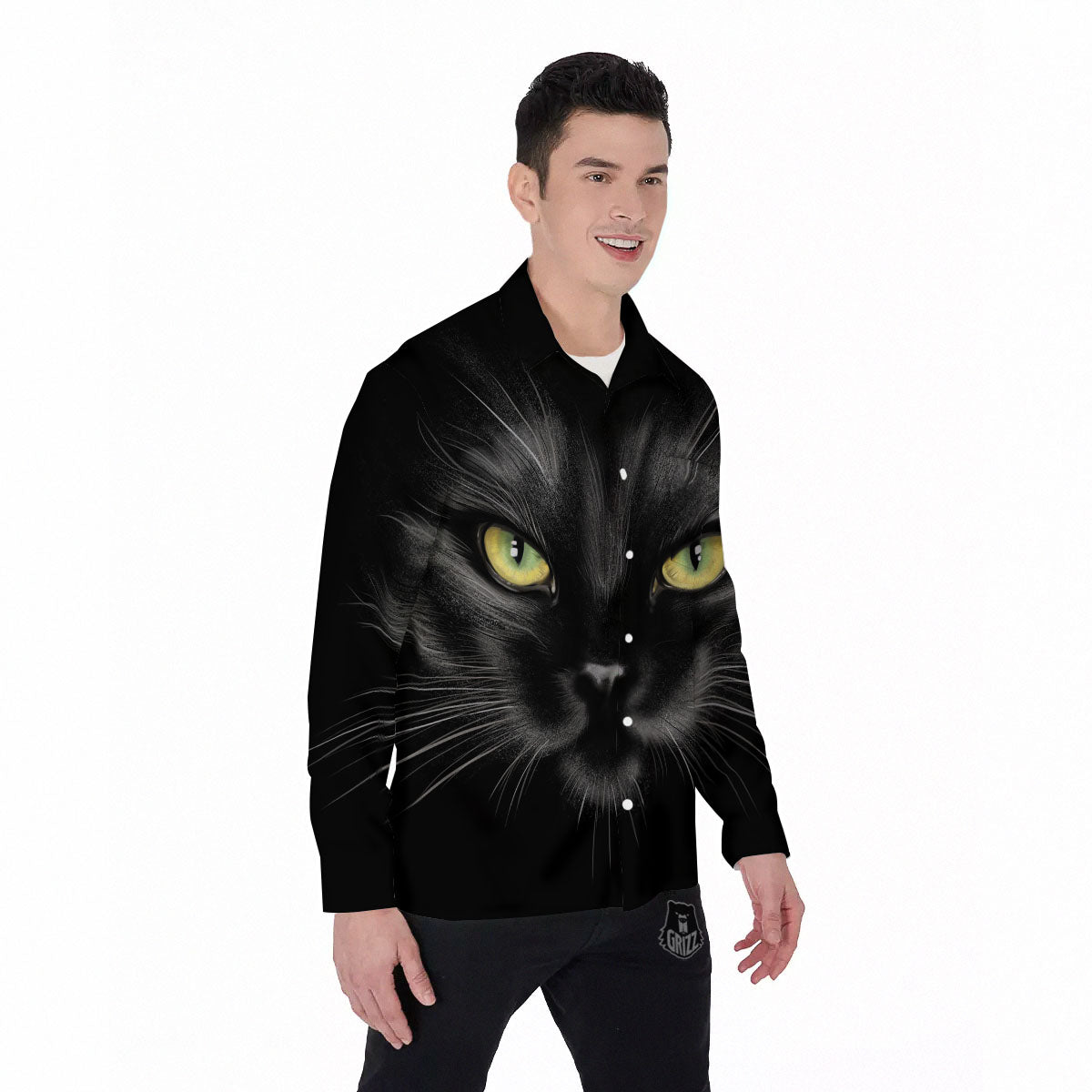Drawing Portrait Black Cat Print Men's Long Sleeve Shirts-grizzshop