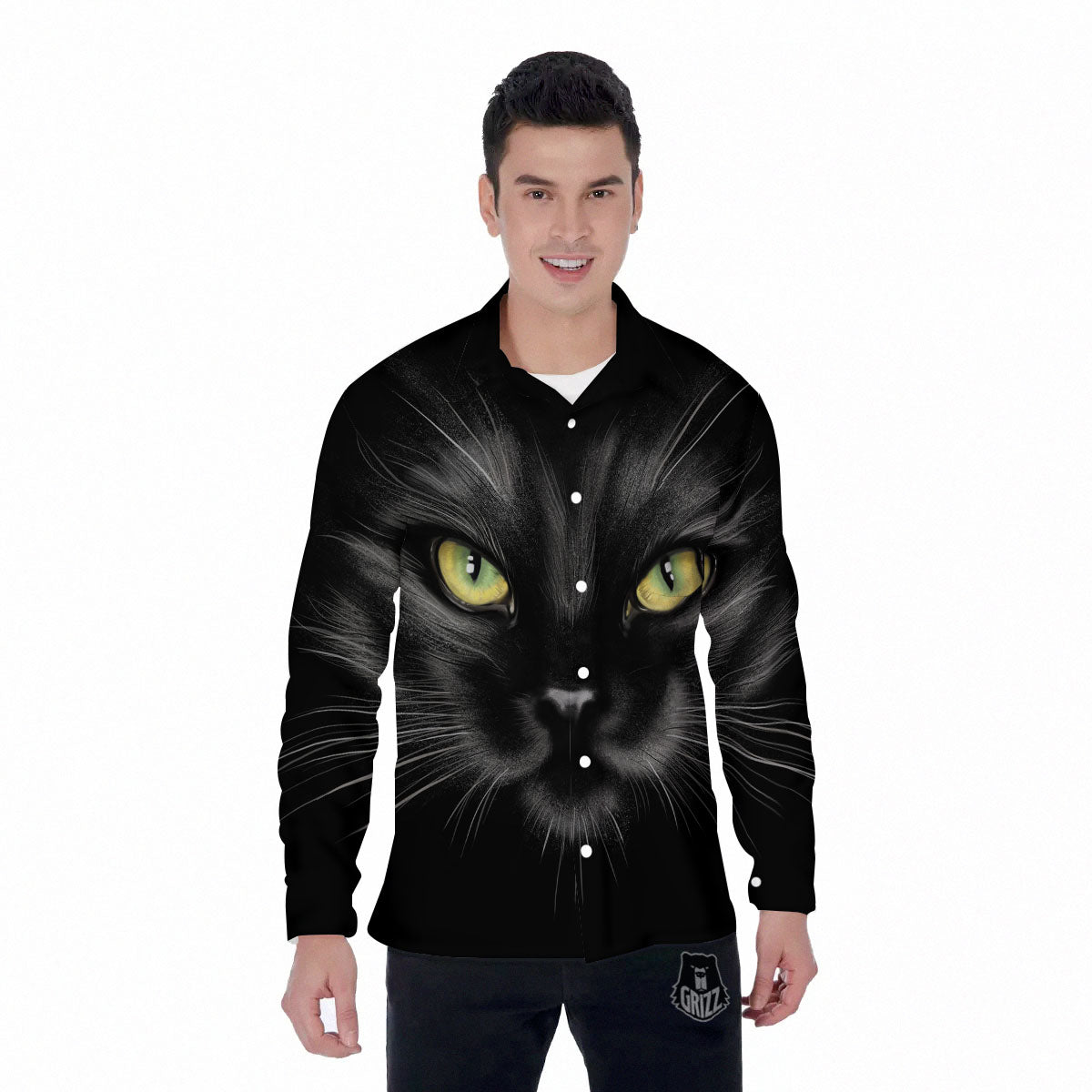 Drawing Portrait Black Cat Print Men's Long Sleeve Shirts-grizzshop