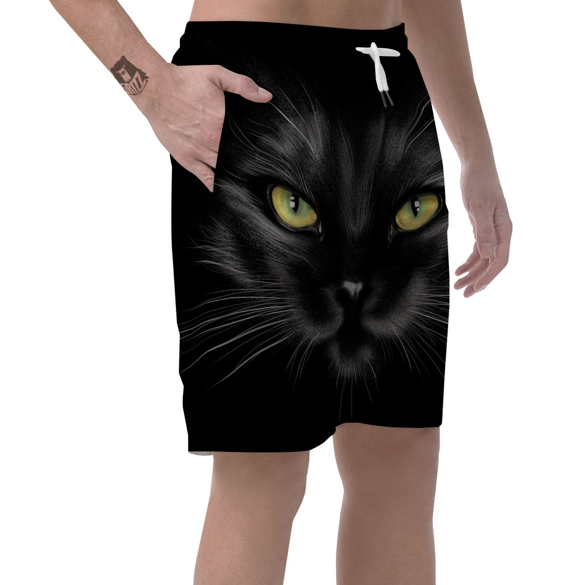 Drawing Portrait Black Cat Print Men's Shorts-grizzshop