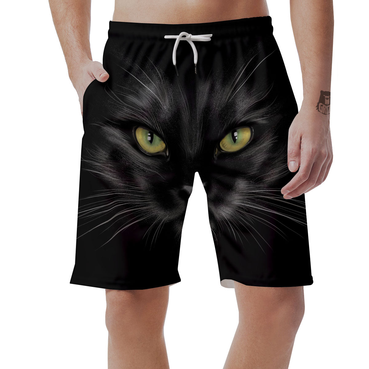 Drawing Portrait Black Cat Print Men's Shorts-grizzshop