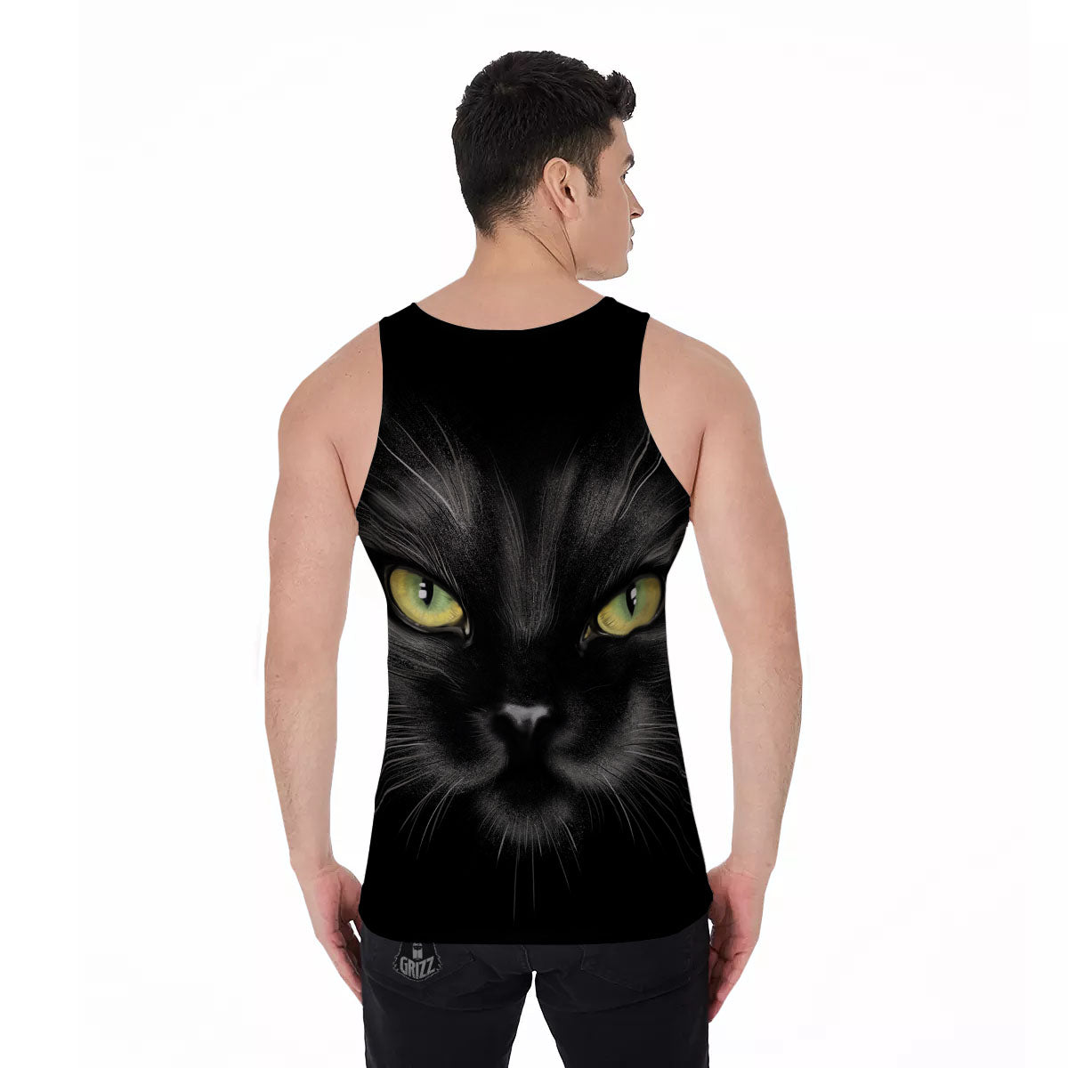 Drawing Portrait Black Cat Print Men's Tank Top-grizzshop