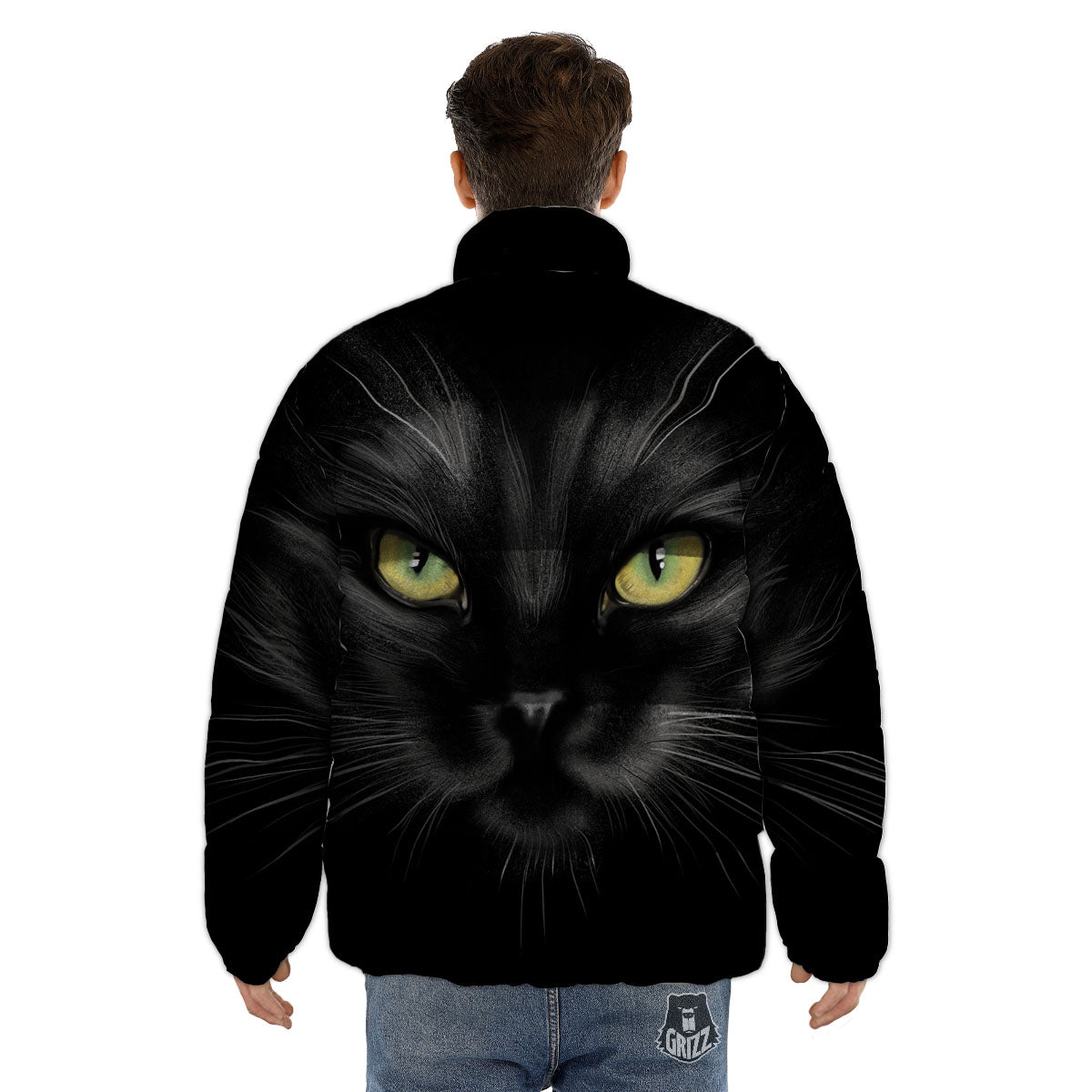 Drawing Portrait Black Cat Print Puffer Jacket-grizzshop